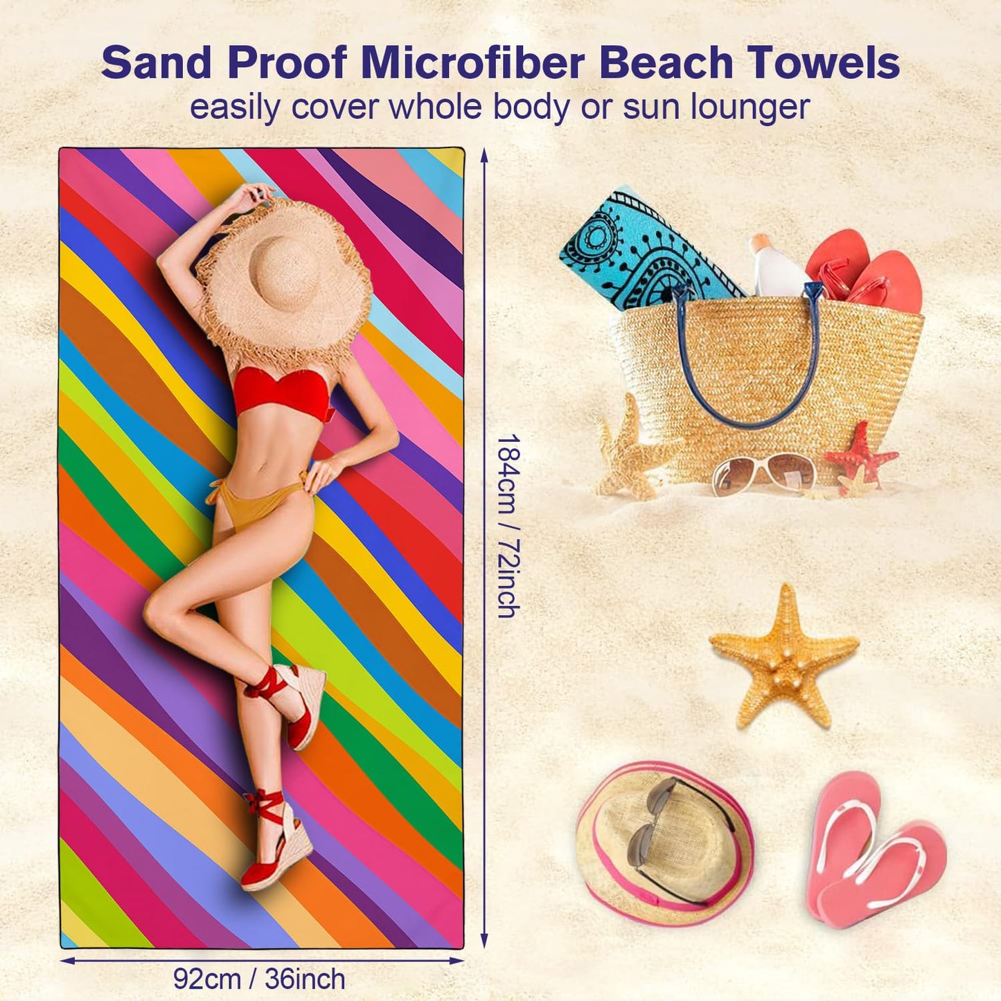 YISUMEI Colorful Rainbow Ripples Beach Towels for Adults Extra Large 180x90cm, Microfibre Quick Dry Towel for Travel Swimming Camping Sports