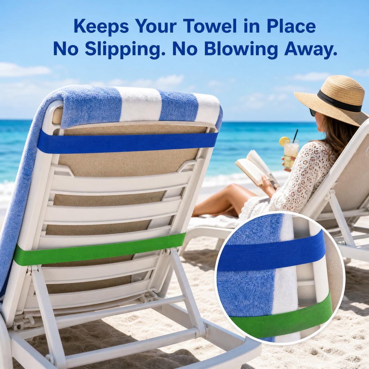Xiansini Towel Straps for Beach Loungers 6PCS Blue Green Red Polyester 40x3.8cm, Beach Towel Bands for Sun Loungers Pool Cruise Chairs