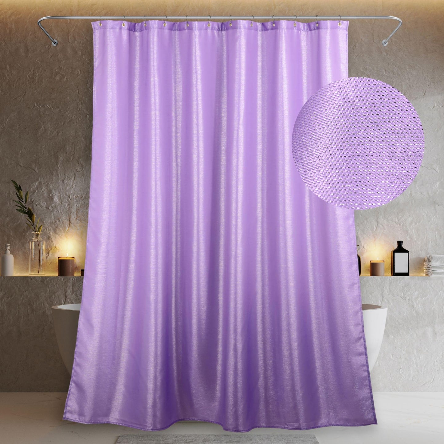 Purple Glitter Shower Curtain: Lavender Sparkle Bling Shiny Metallic Shimmer for Bathroom - Anti Mould Water Repellent Washable Polyester - 183 x