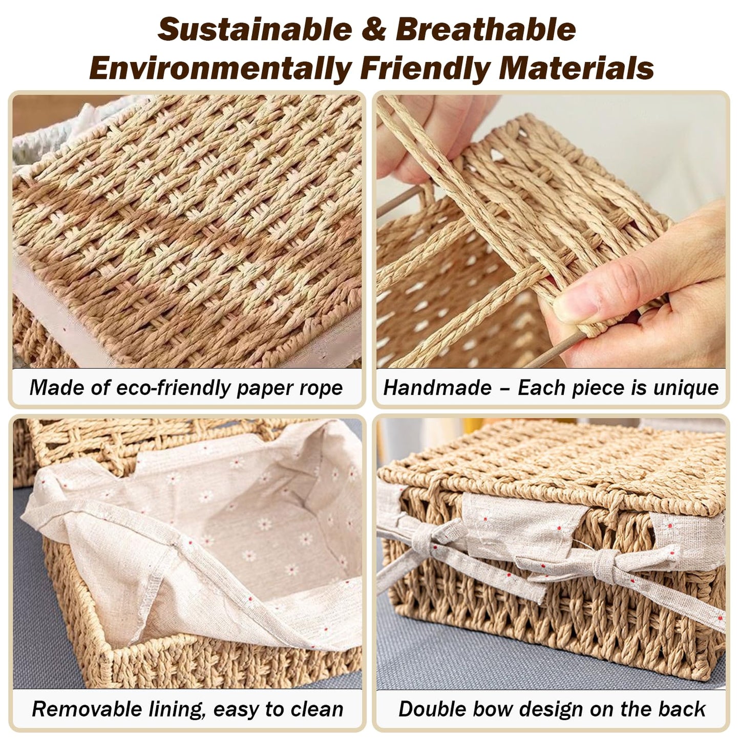 ZHYOPING Set of 3 Storage Baskets with Lids – Natural Paper Rope Storage Basket, 3 Sizes Woven Hamper Basket with Lining for Toys, Bathroom