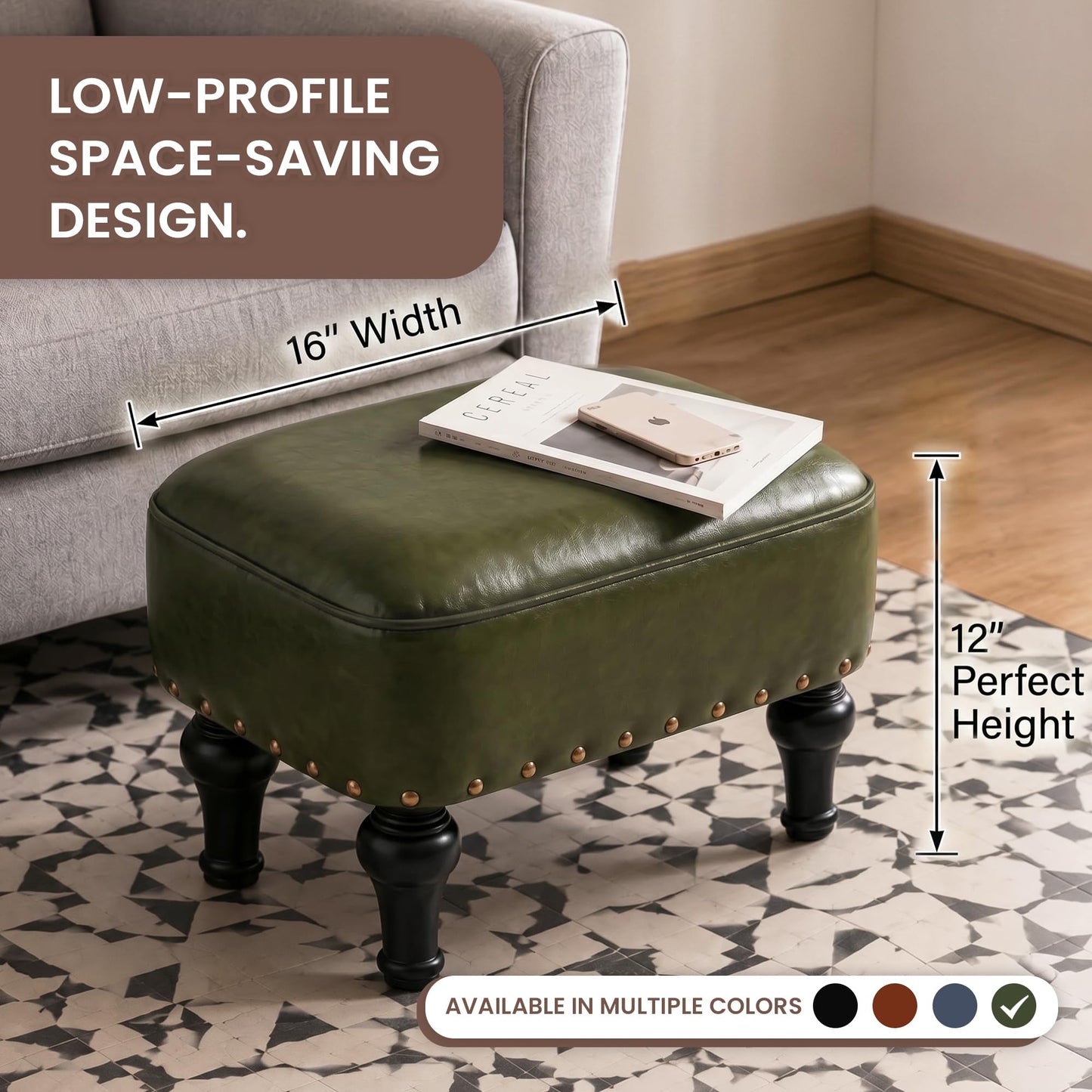 Cmishe Ottoman Leather Foot Rest with Thicker Foam Padded Seat, Footstool with Wooden Legs