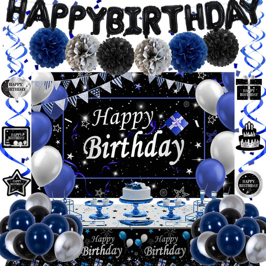 Navy Blue and Black Birthday Decorations for Men Boys Women Girls, Blue and Silver Party Decorations Happy Birthday Balloons Banner Backdrop Hanging