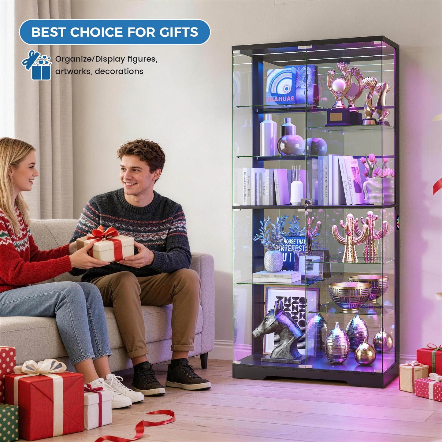 10-Tier Display Cabinets with RGB Lights Human Sensor for Collectibles