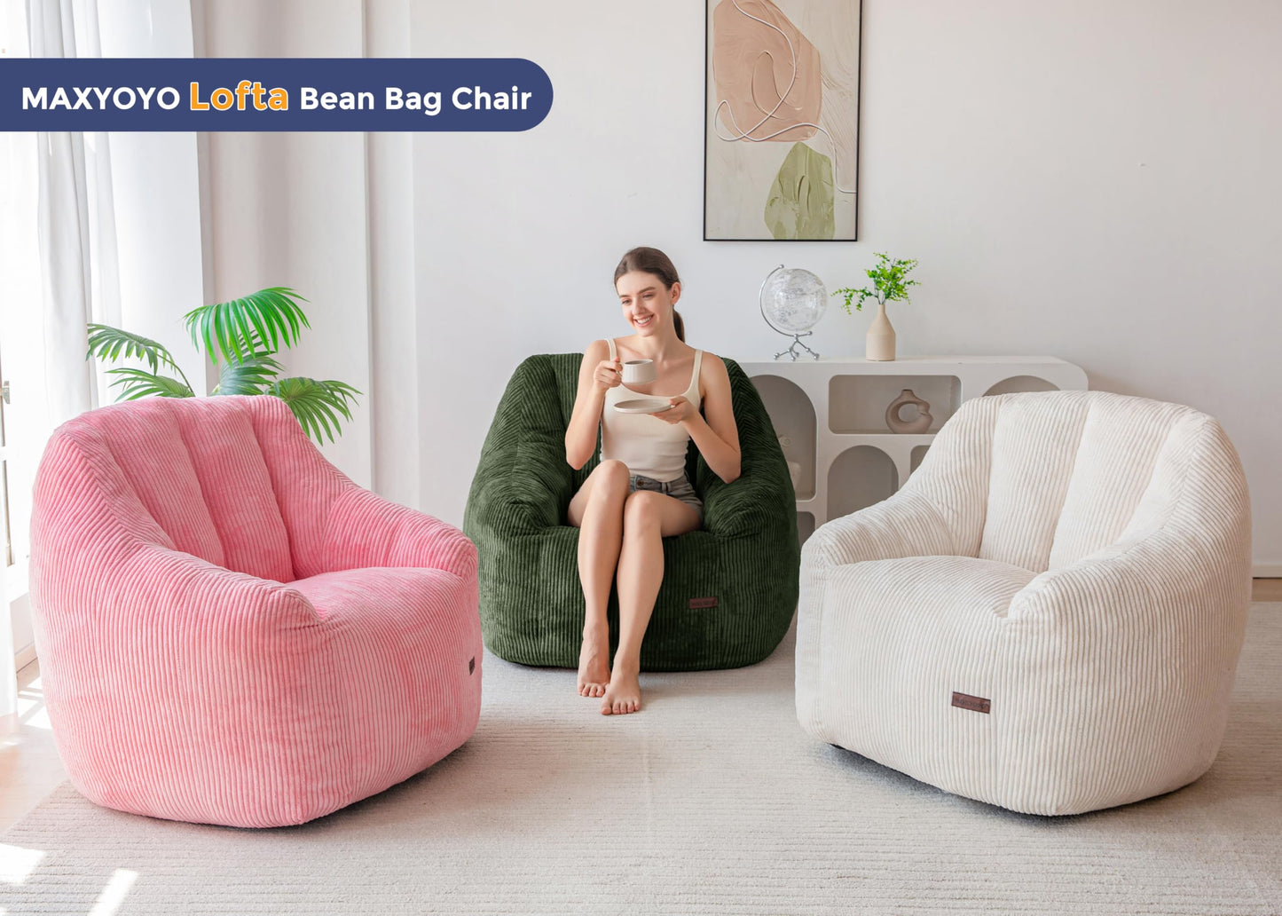 MAXYOYO Bean Bag Chair for Adults or Children, Soft Floor Single with Filling, Comfy Bean Bag Sofa with Back Support, Accent Chair