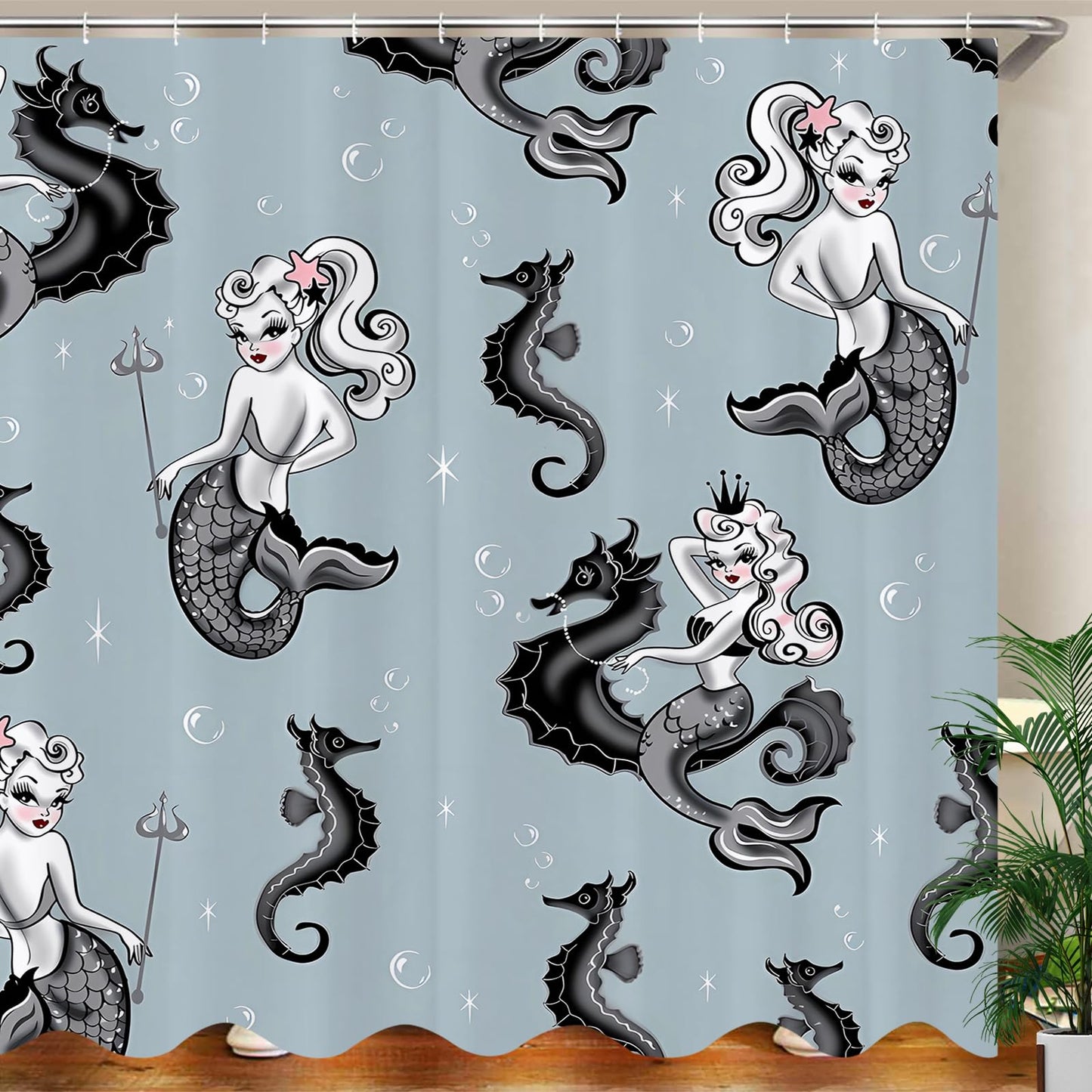 JOOCAR Mermaid Shower Curtains for Bathroom Grey Cartoon Mermaid Princess Shower Curtain Polyester Fabric Waterproof Ocean Sea Shower Curtain Set with
