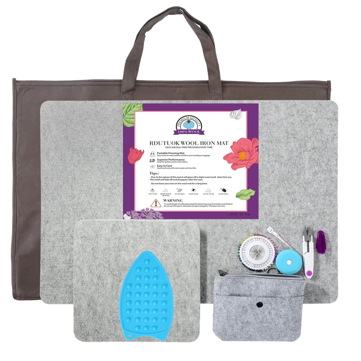 Rdutuok 17" X 24" Wool Pressing Mat for Quilting Large Size & 10" X 10" Portable Size 100% Wool Ironing Pad with Scissors, Tape,Felt Storage Pouch