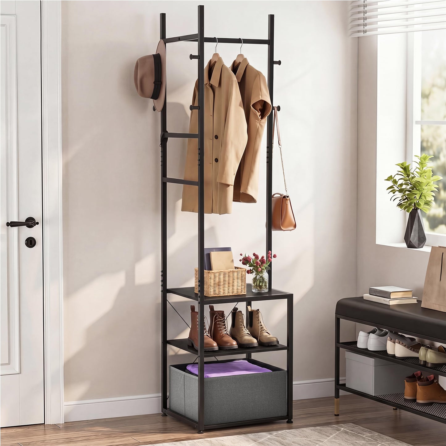 YITAHOME Coat Stand, Clothes Rack Hall Tree with Shelves & Hooks, Grey