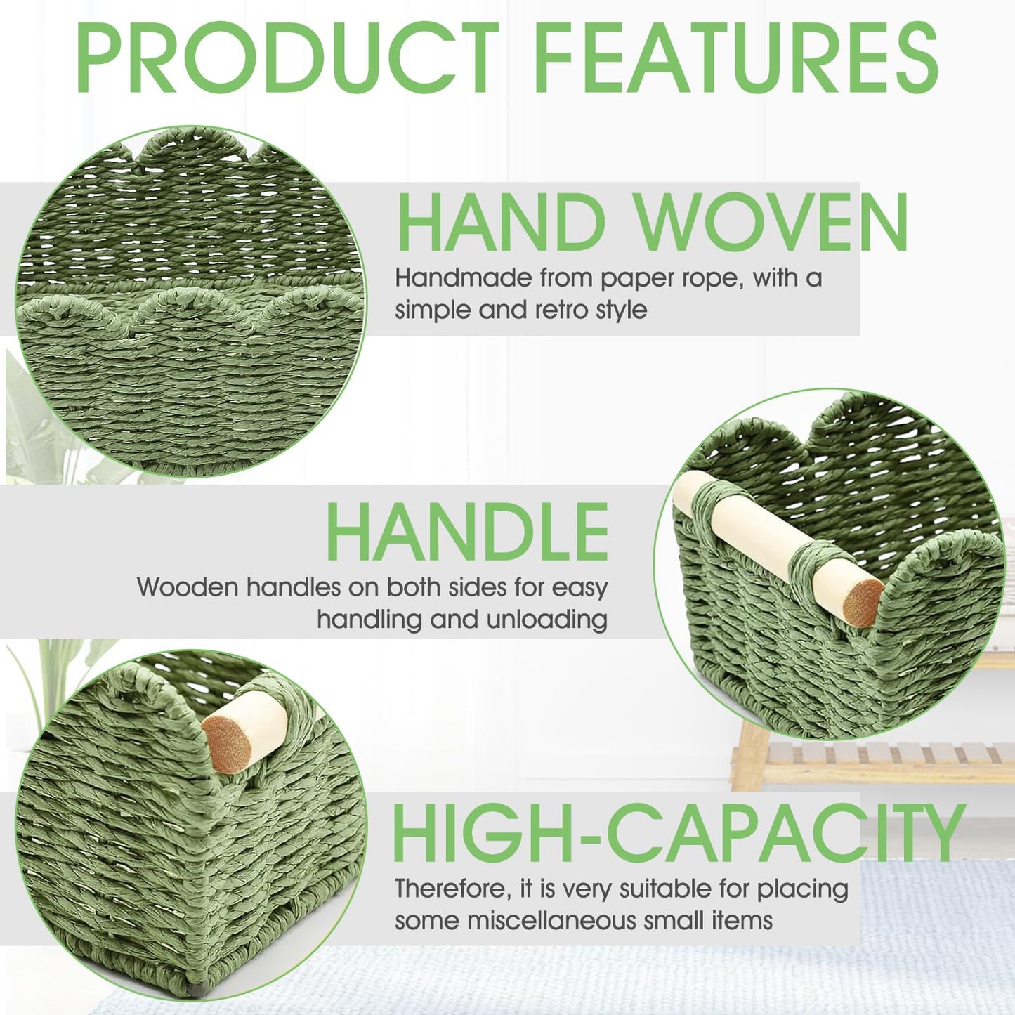 2Pcs Wicker Storage Baskets, Handwoven Organiser Boxes with Wooden Handles, Versatile Woven Bins for Bathroom, Kitchen, Pantry