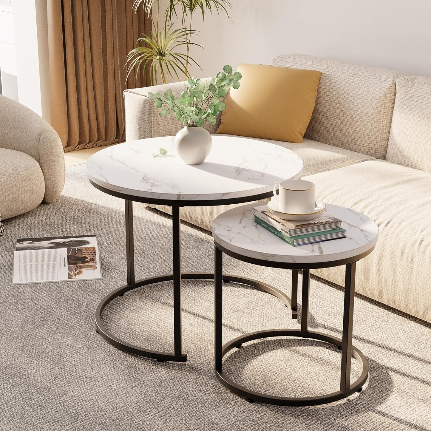 Garden 4 you Coffee Table,Round Nest of Tables Set of 2 for Living Room,Marble Center Tea Table with Metal Frame,End Side table for Small
