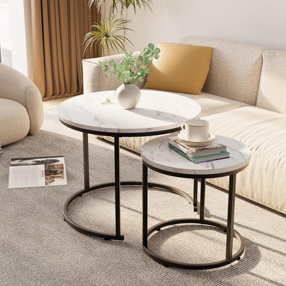 Garden 4 you Coffee Table,Round Nest of Tables Set of 2 for Living Room,Marble Center Tea Table with Metal Frame,End Side table for Small
