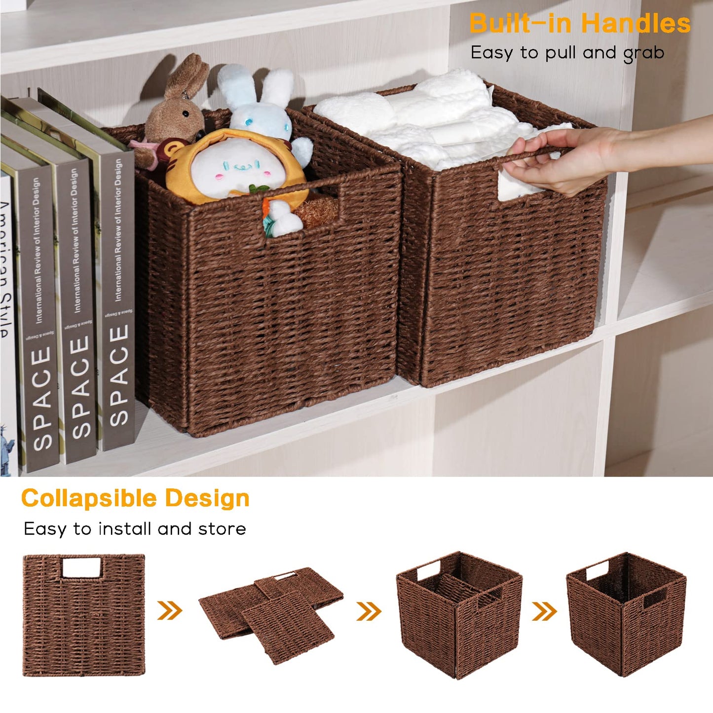 Vagusicc Wicker Storage Basket, Set of 2 Handwoven Wicker Basket, Foldable Storage Baskets Organizer Cube Bins with Handles for Shelves Bathroom