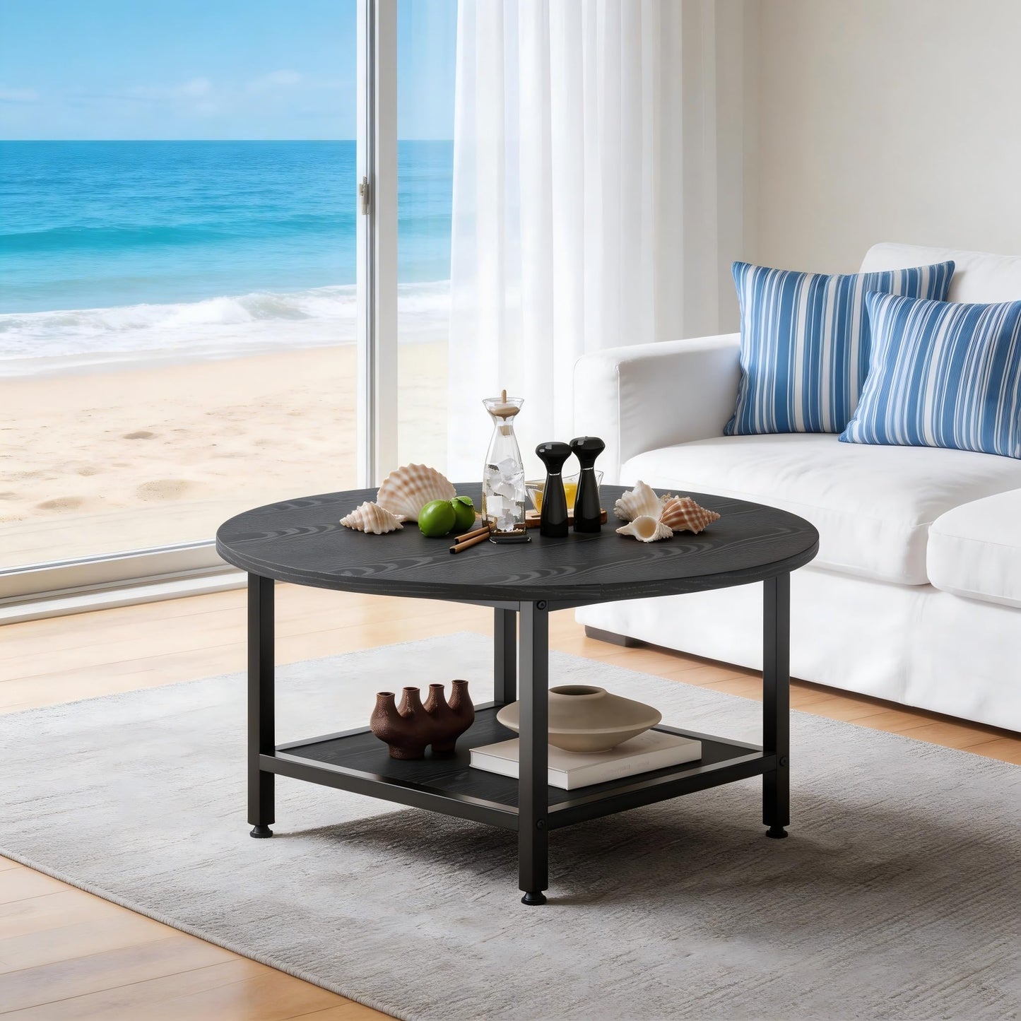 ARFARLY Round Coffee Table for Living Room 2-Tier Circle Coffee Table Black
