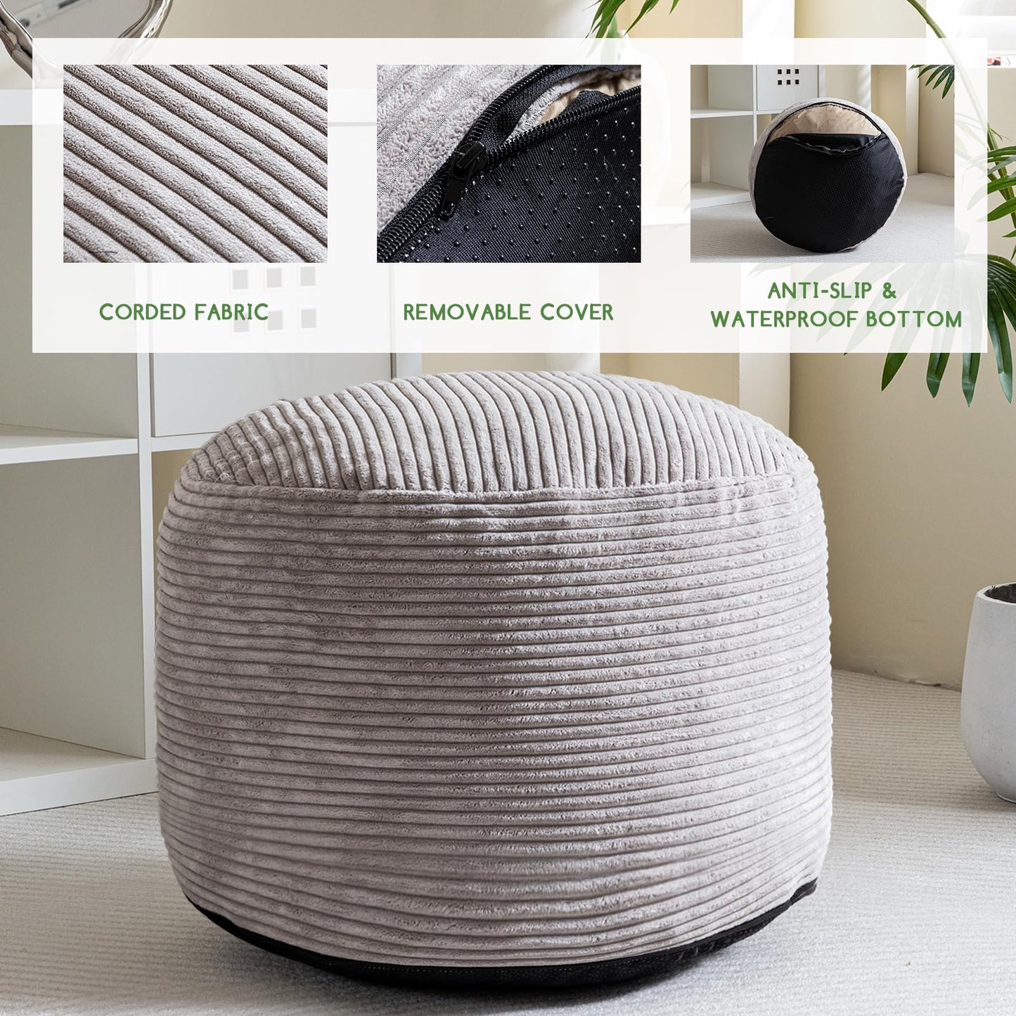 HIGOGOGO Corduroy Beanbags Round Footstool Bean Bag Pouf with Foam Chunk Filling, 65 x 45 cm Floor Poufs Foot Rest for Living Room, Grey