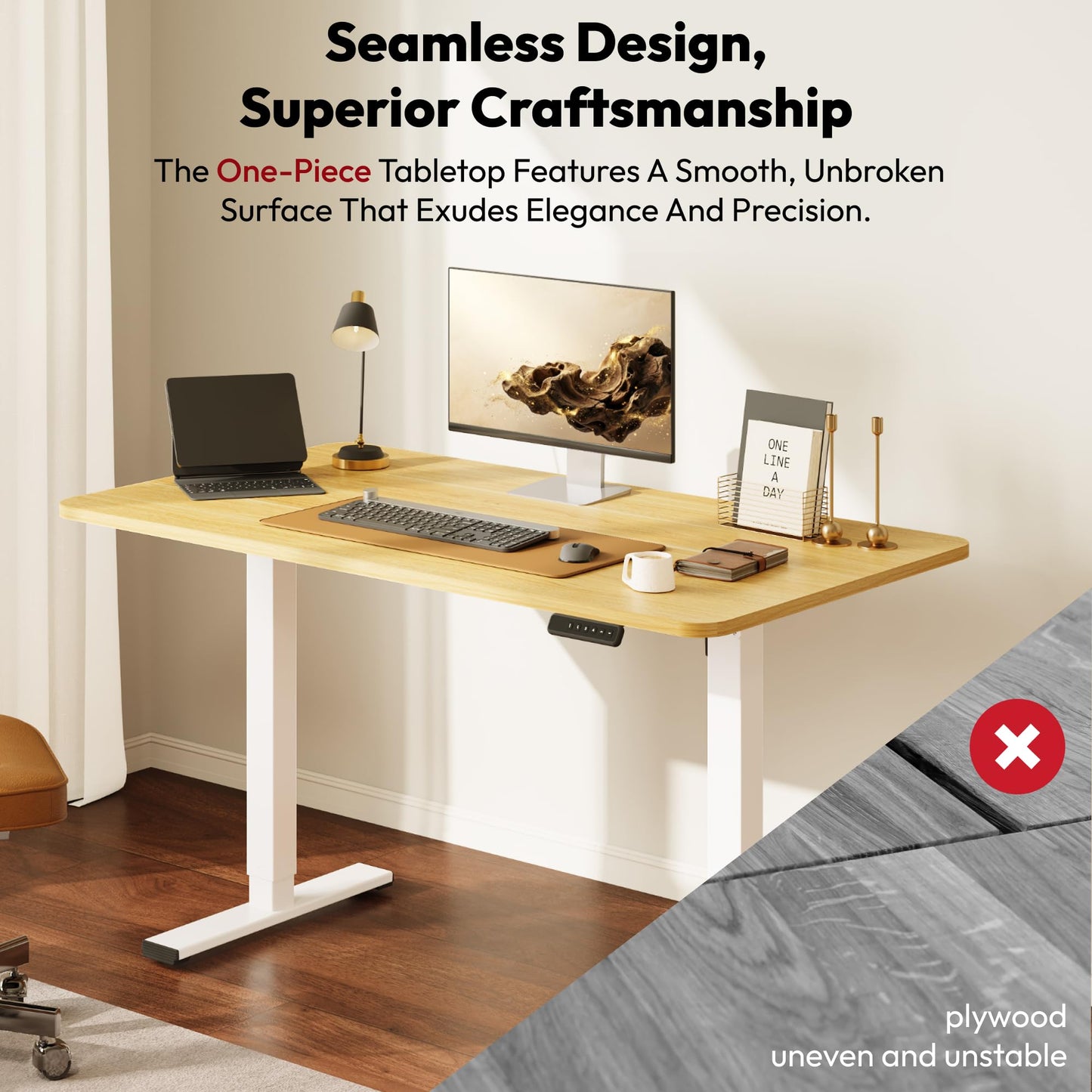 SANODESK Electric Standing Desk 110 * 54 One Piece Height Adjustable Desk With Memory Smart Panel Sit Stand Table With Hooks for Home Office, Maple
