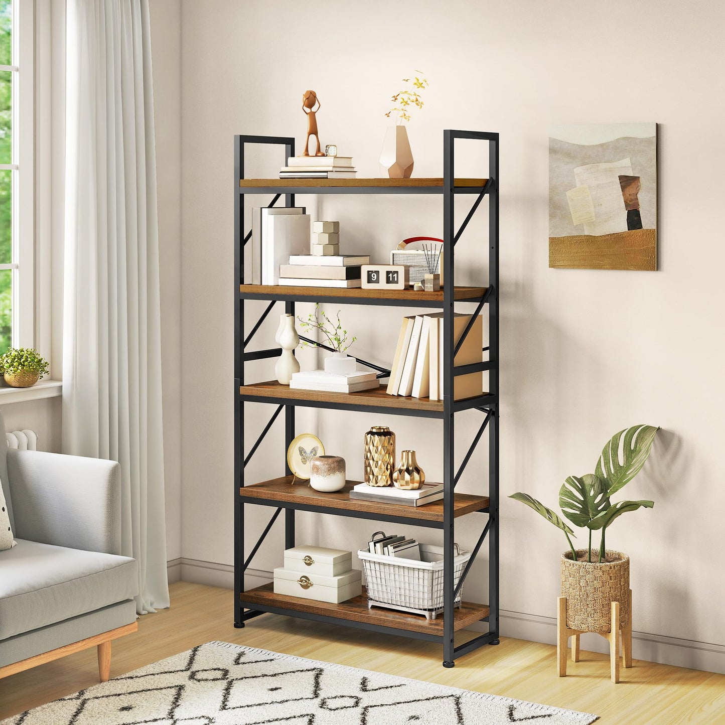YITAHOME Bookcase 5 Tiers, Large Bookshelf, Wooden Shelf and Metal Frame, Industrial Shelving Unit, Floorstanding Storage Rack, for Living Room