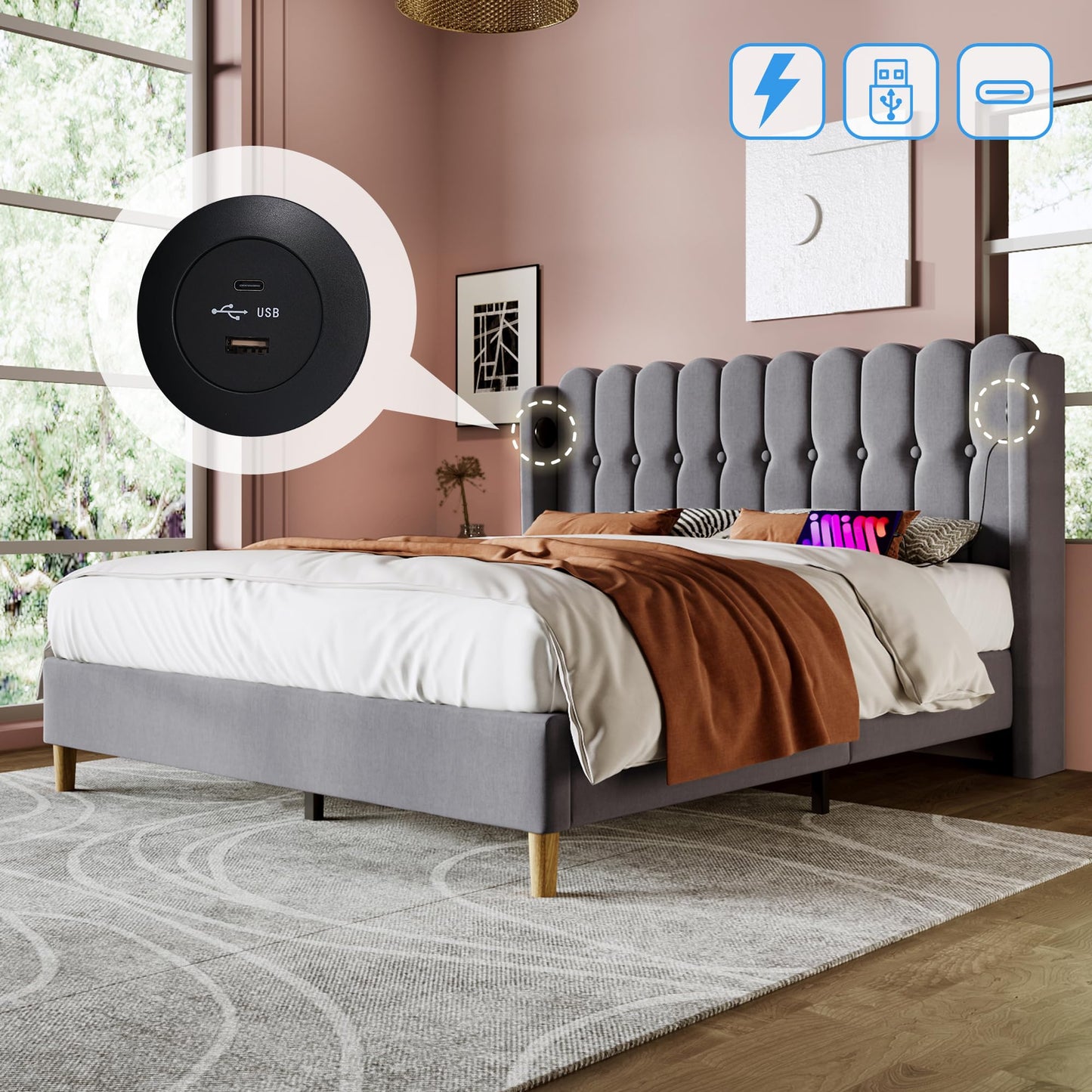 BTM Upholstered Double Bed with USB and Type-C Charging, 4ft6-135x190cm Double Bed Frame with Wooden Slatted Frame for Teenagers and Adults