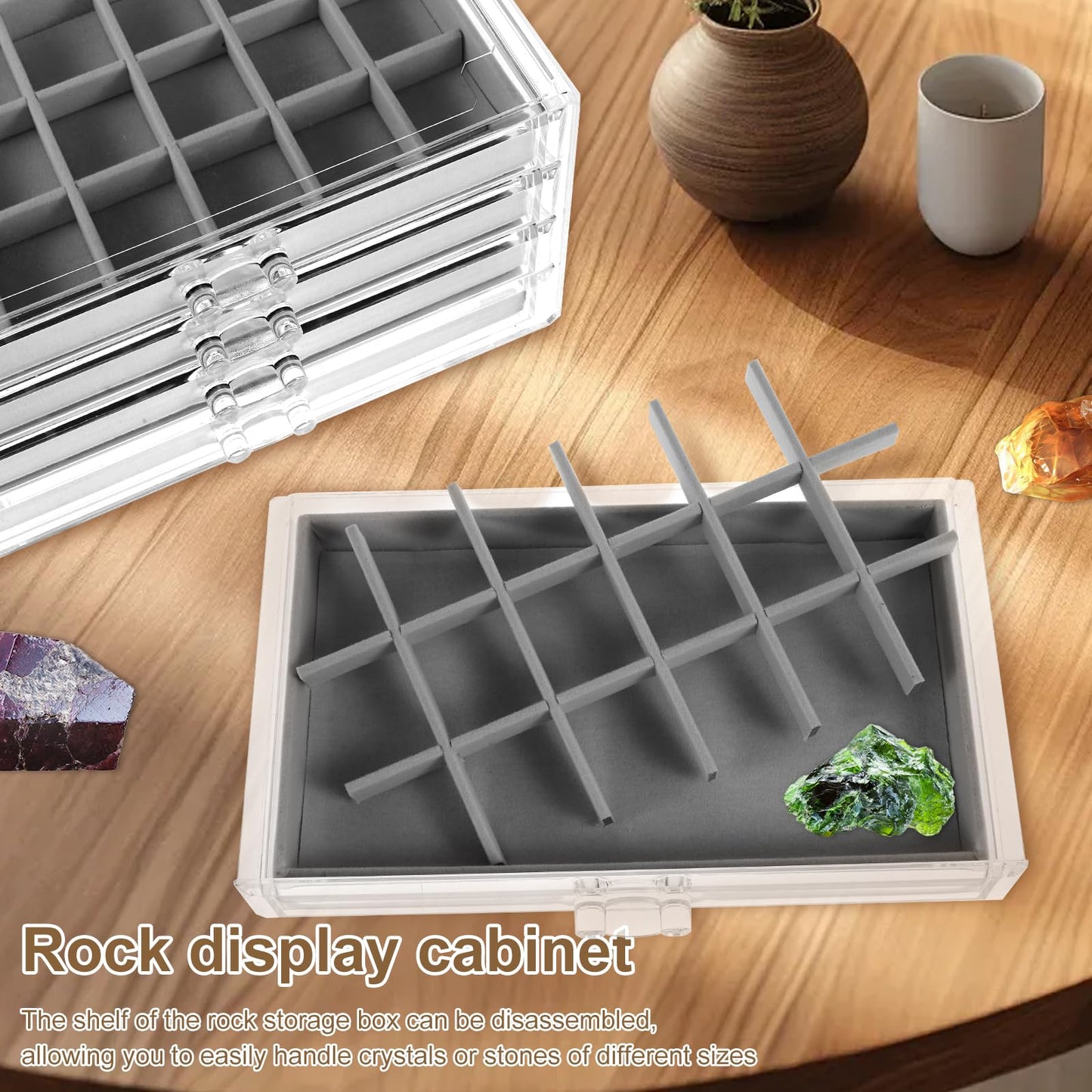 Gatphy Rock Display Case, 4 Drawers Rock Collection Box 72 Grids Rocks Collection Display Case Acrylic Jewelry Box Clear Gemstone Crystals Storage