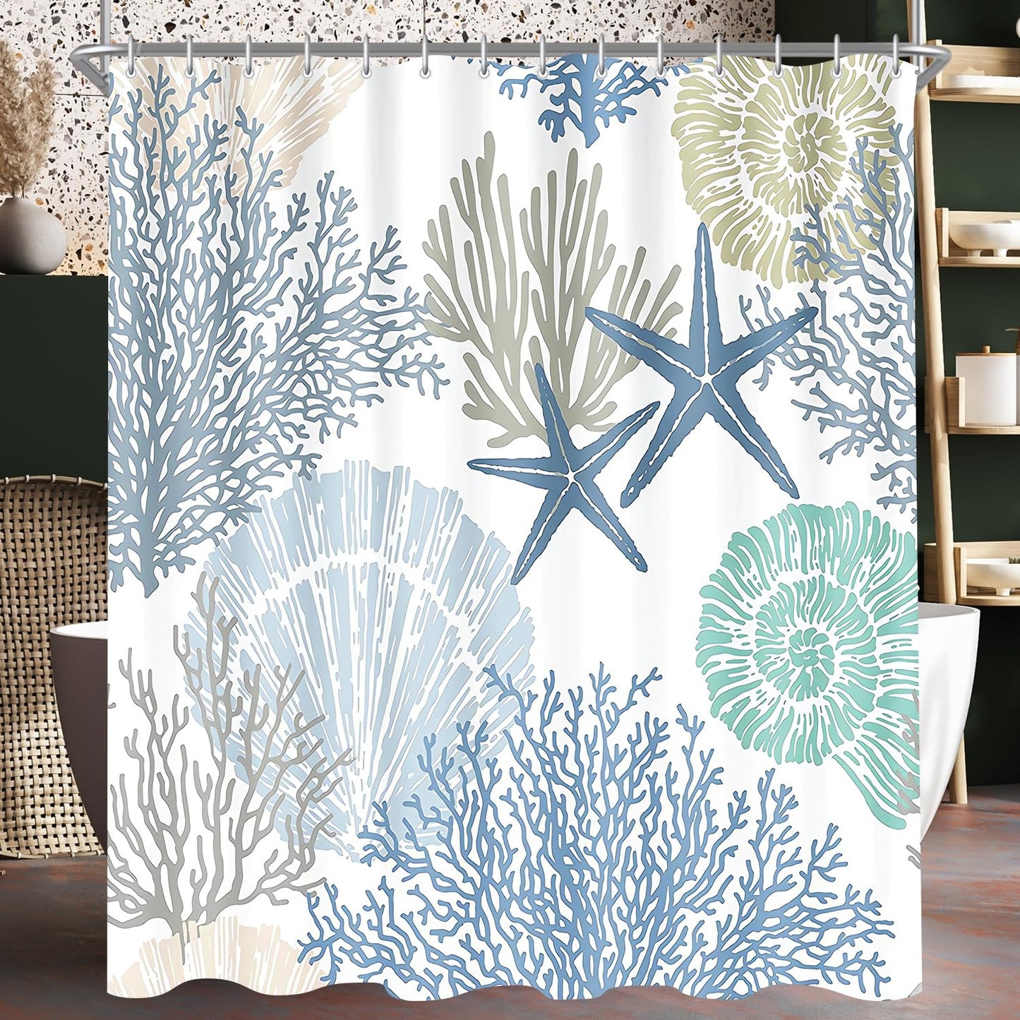 Lerores Shower Curtain 240 x 180 cm, Underwater Algae Anti-Mould Textile, Weighted Hem, Water-Repellent