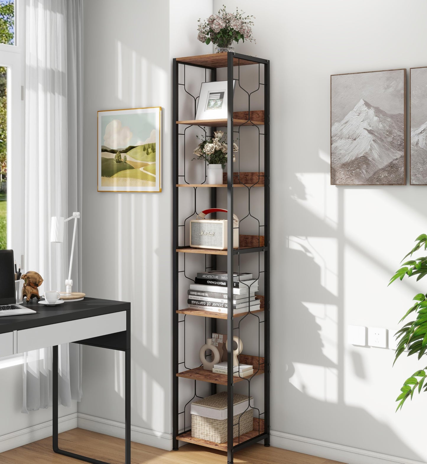 Trironsun 6-Tier Corner Bookshelf Tall Narrow Bookcase Open Storage Rack Skinny Book Shelf Industrial Display Stand Rustic Square Shelf Tower for