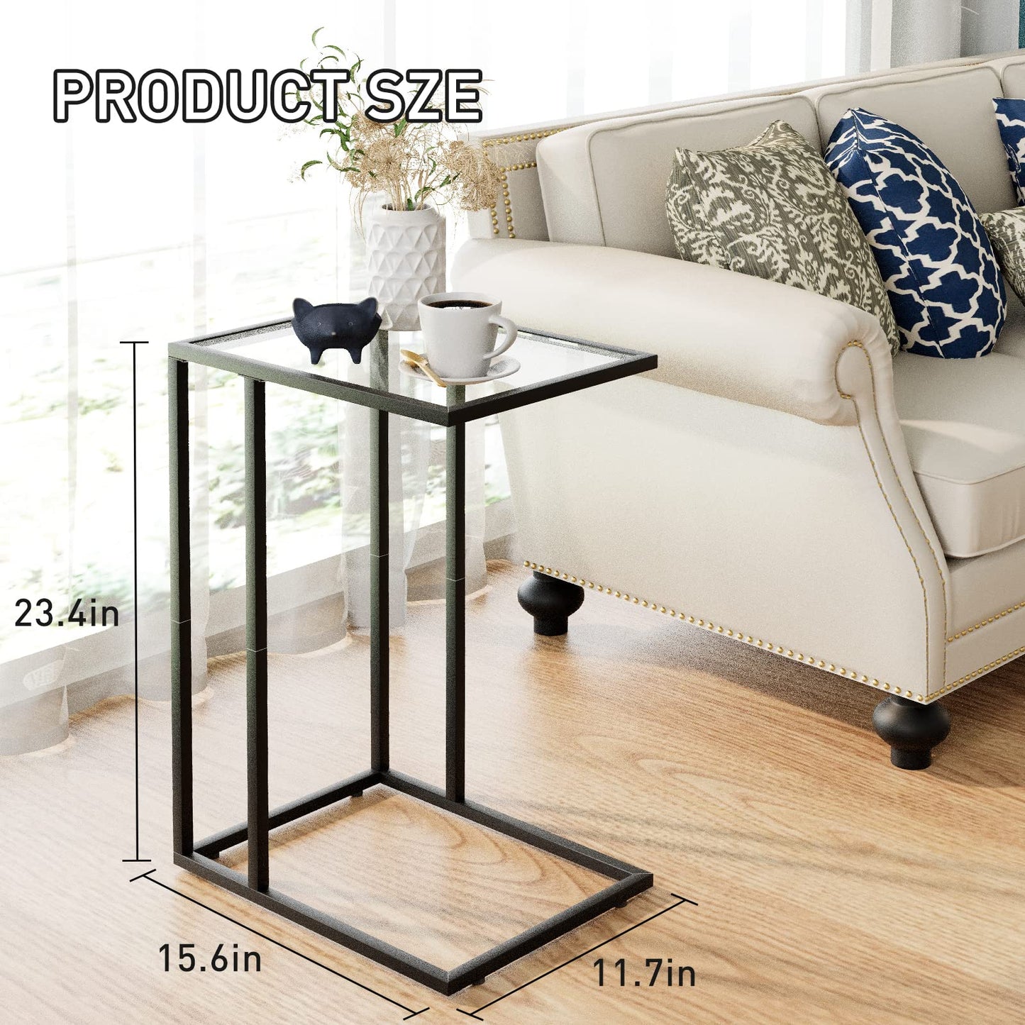 Huhote C Shaped End Table, Glass Side Table for Couch, Sofa Table with Metal Frame, Couch Table for Living Room, Bedroom, Bedside, Black
