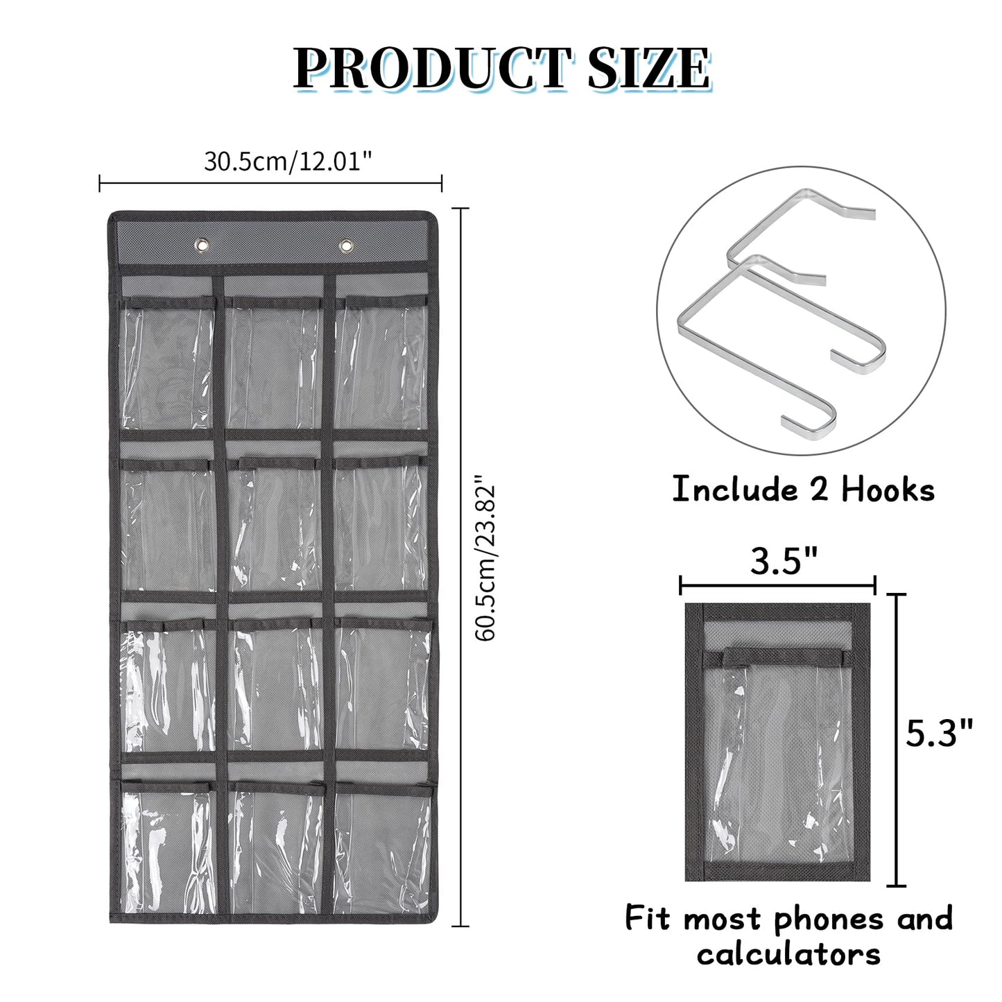 SAVORLIVING 12 Clear Pockets Classroom Pocket Chart Organizer, Cell Phones Calculator Holder with Hooks, Hanging Wall Door Calculators Phone Caddy