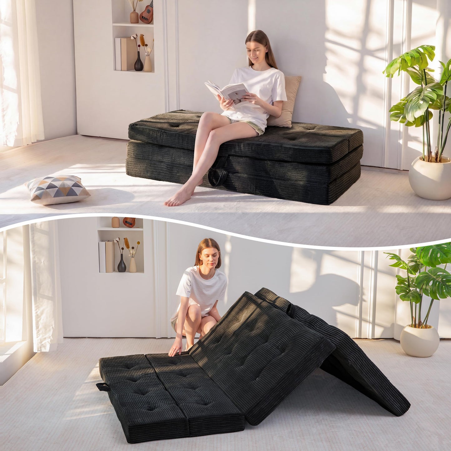 MAXYOYO Folding Mattress Double, Comfy Foldable Sofa Couch Bed, Guest Mattress with Handles Floor Futon Sofa Bed for Guest