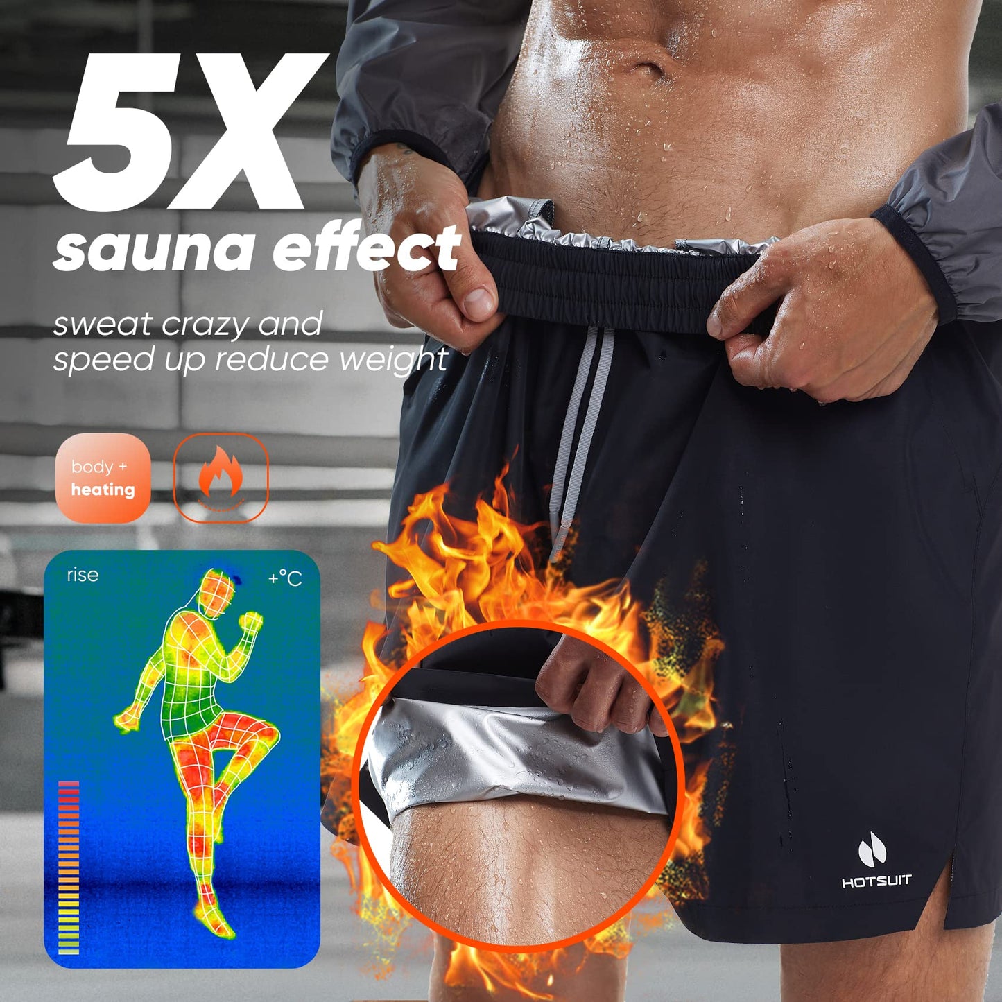 HOTSUIT Mens Sauna Shorts Sweat Sauna Pants Gym Exercise Sweat Sauna Suit Workout Shorts, Black 5XL