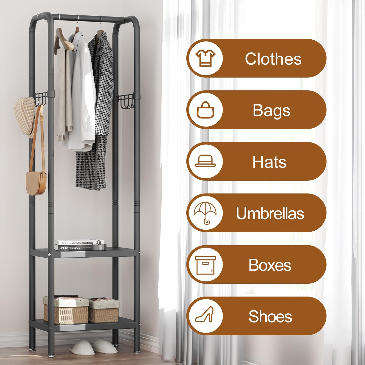ZHYOCOGY Metal Coat Stand, Small Coat Rack with Shelf and Hook