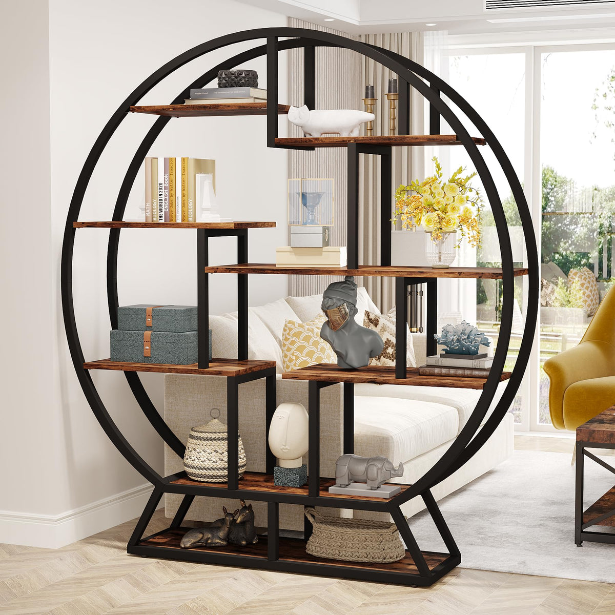 Tribesigns Round Bookcase, Industrial 5 Tier Bookcase, 160cm Tall Rustic Open Shelf Organizer Display Shelf for Home, Office, Living Room