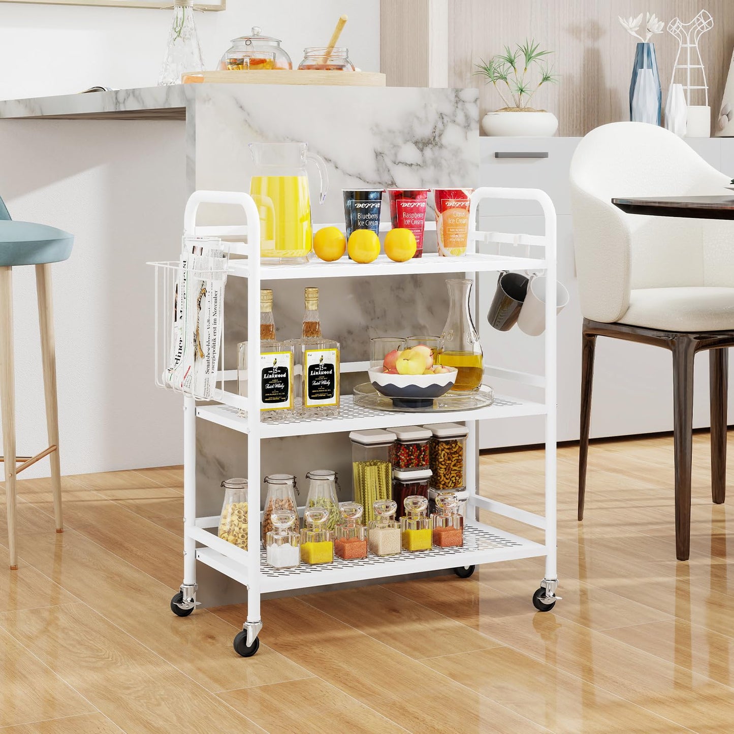 HDANI Serving Trolley,3-Tier Metal Trolley,White,Mesh with Basket