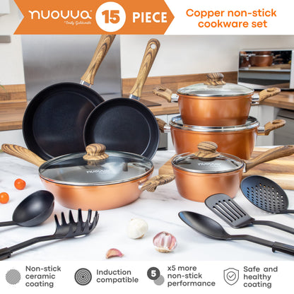 Non Stick Pots and Pans Set  Induction Hob Pots Set  15pcs Kitchen Cookware with Lids  Cooking Copper Saucepan Pots  by Nuovva