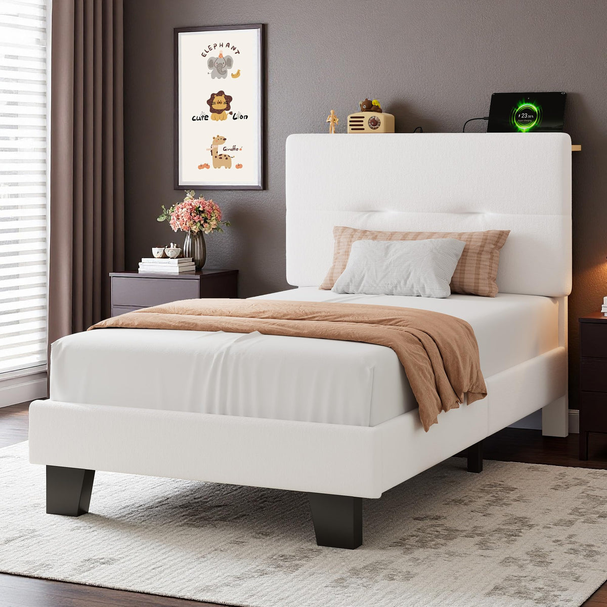 Feonase 3ft Single Bed Frame with Storage Velvet Headboard, Upholstered Single beds with Charging Station, Sturdy Wooden Slat Support, Easy Assembly