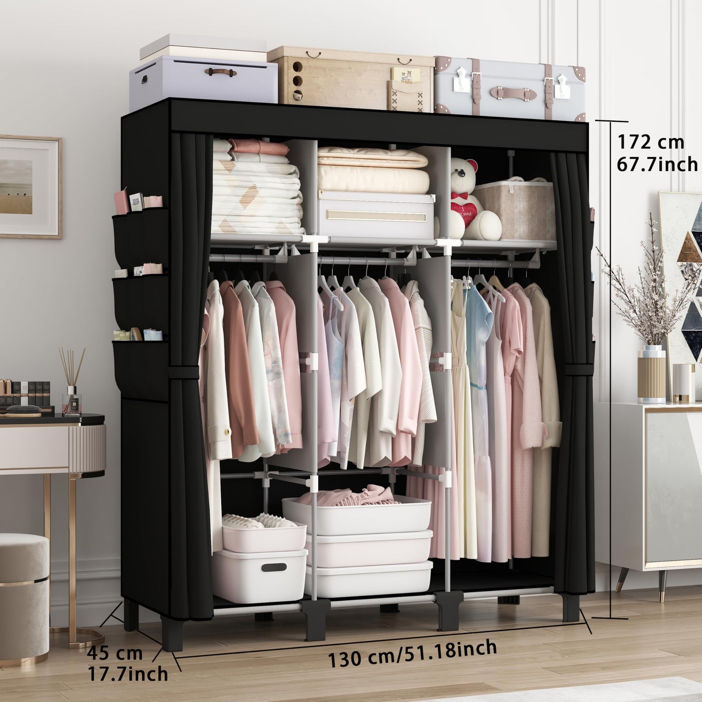 dongliangqinying Portable Fabric Wardrobe, 130x45x170cm Foldable Closet with 3 Hanging Areas and 18 Side Pockets