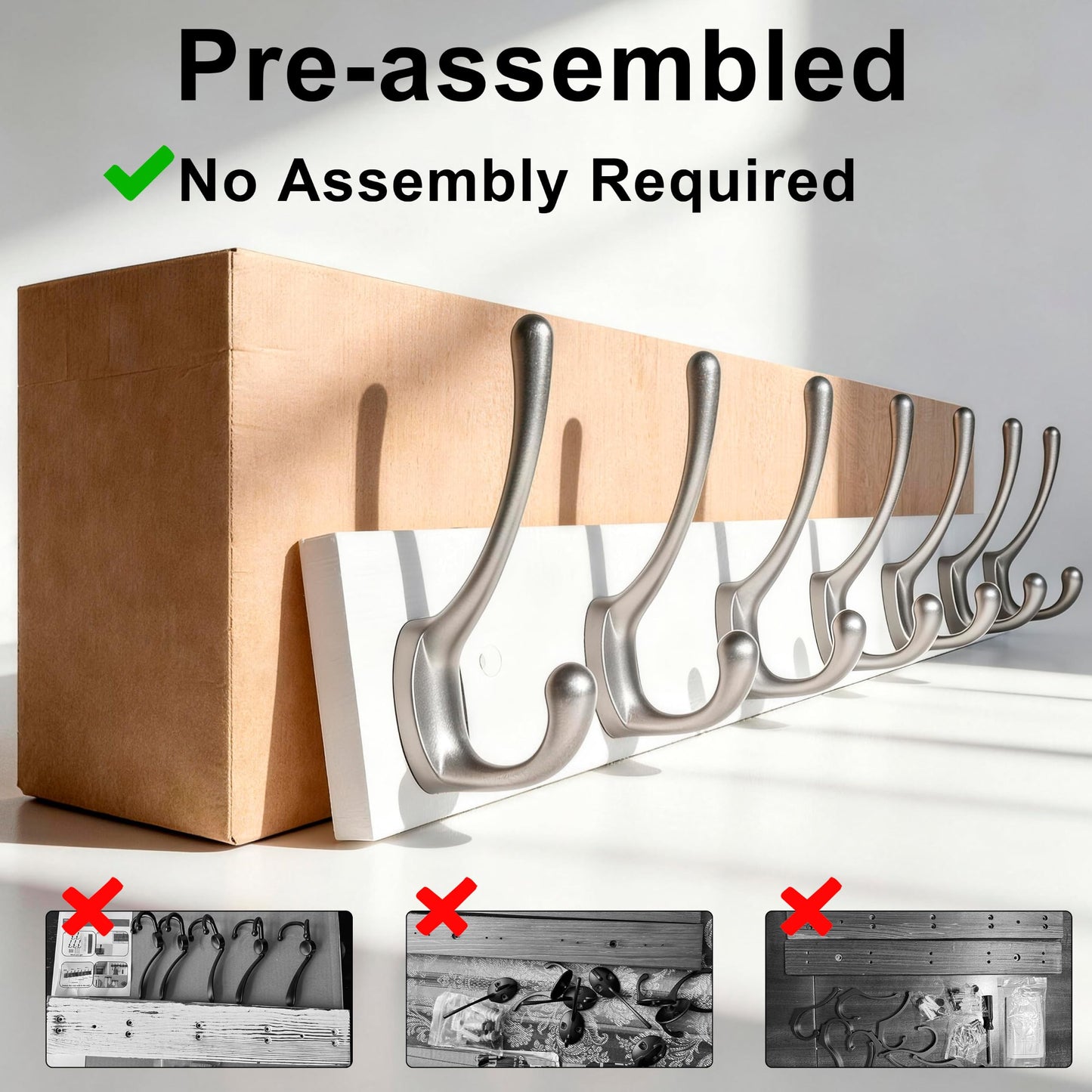 HONSKY Wall Coat Rack - 7 Double Hooks (50cm) | Wooden & Metal Towel/Coat Hanger for Entryway, Bathroom, Bedroom, Garage | Easy Install