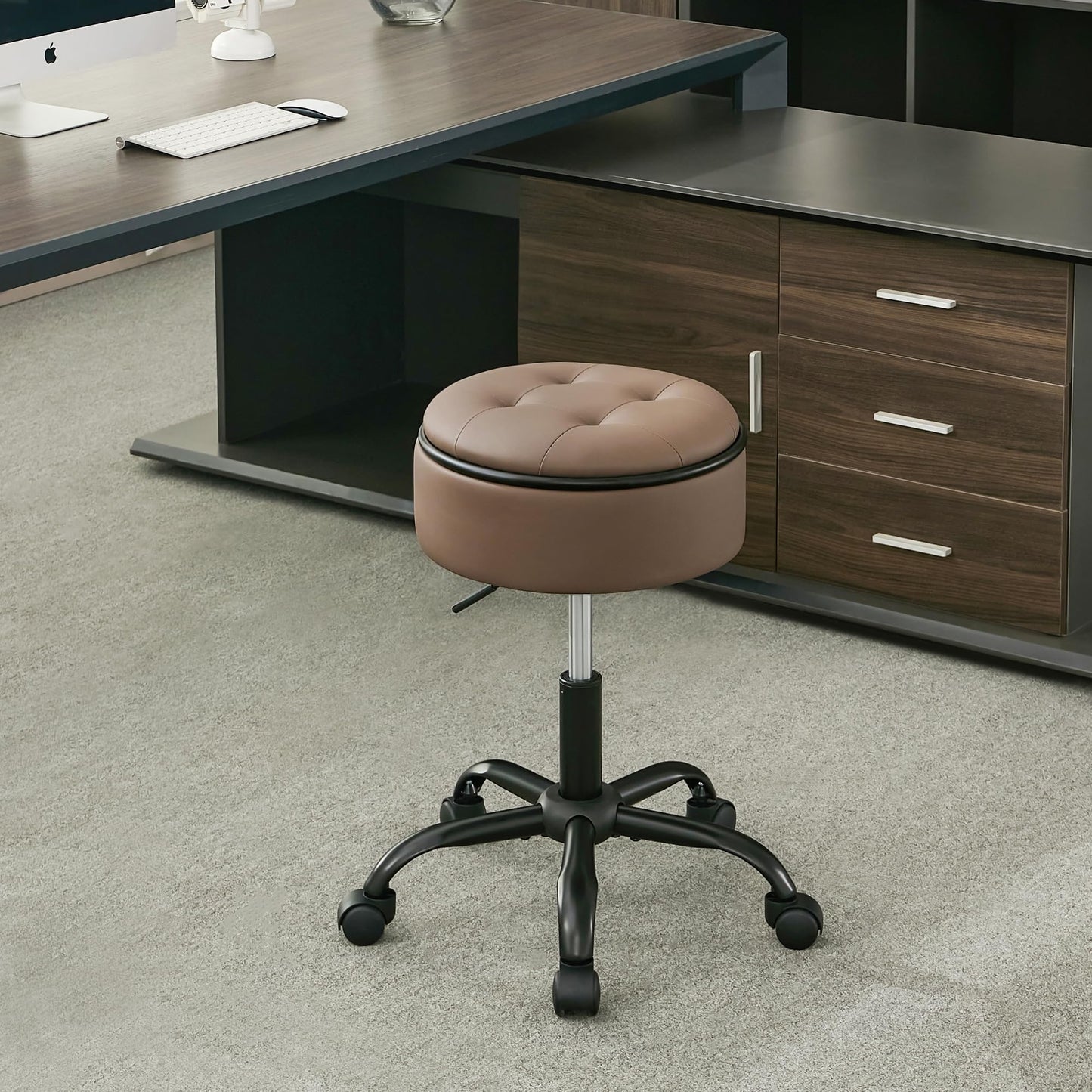 FIRAVOE Drafting Chair with Storage, Adjustable Desk Stool with Wheels 52.5–62.5 cm, Coffee Brown Ergonomic Office Stool