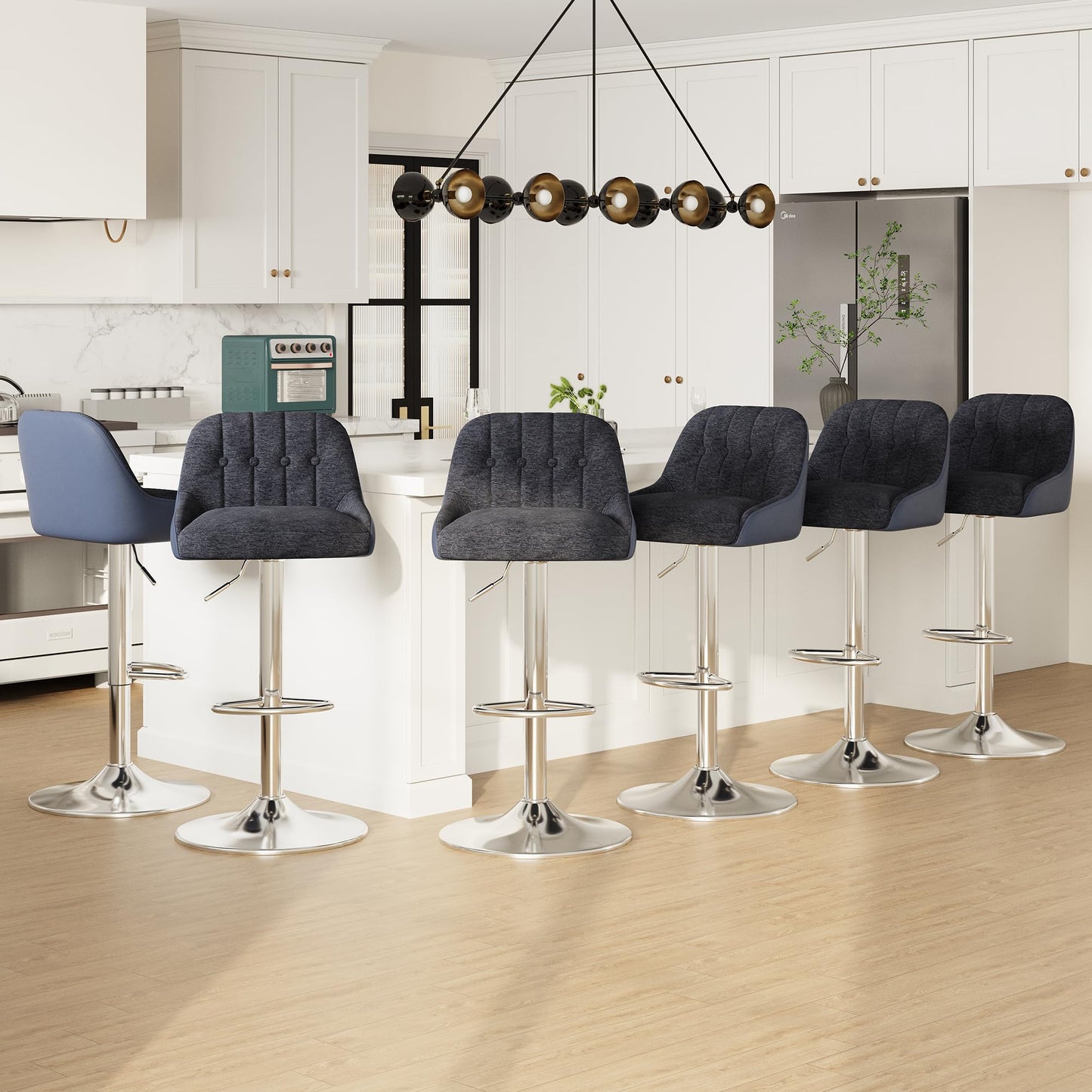 MALOL Adjustable Bar Stools Set of 6, Swivel Counter Stools with Backrest, Chenille & Faux Leather Upholstered Bar Chairs