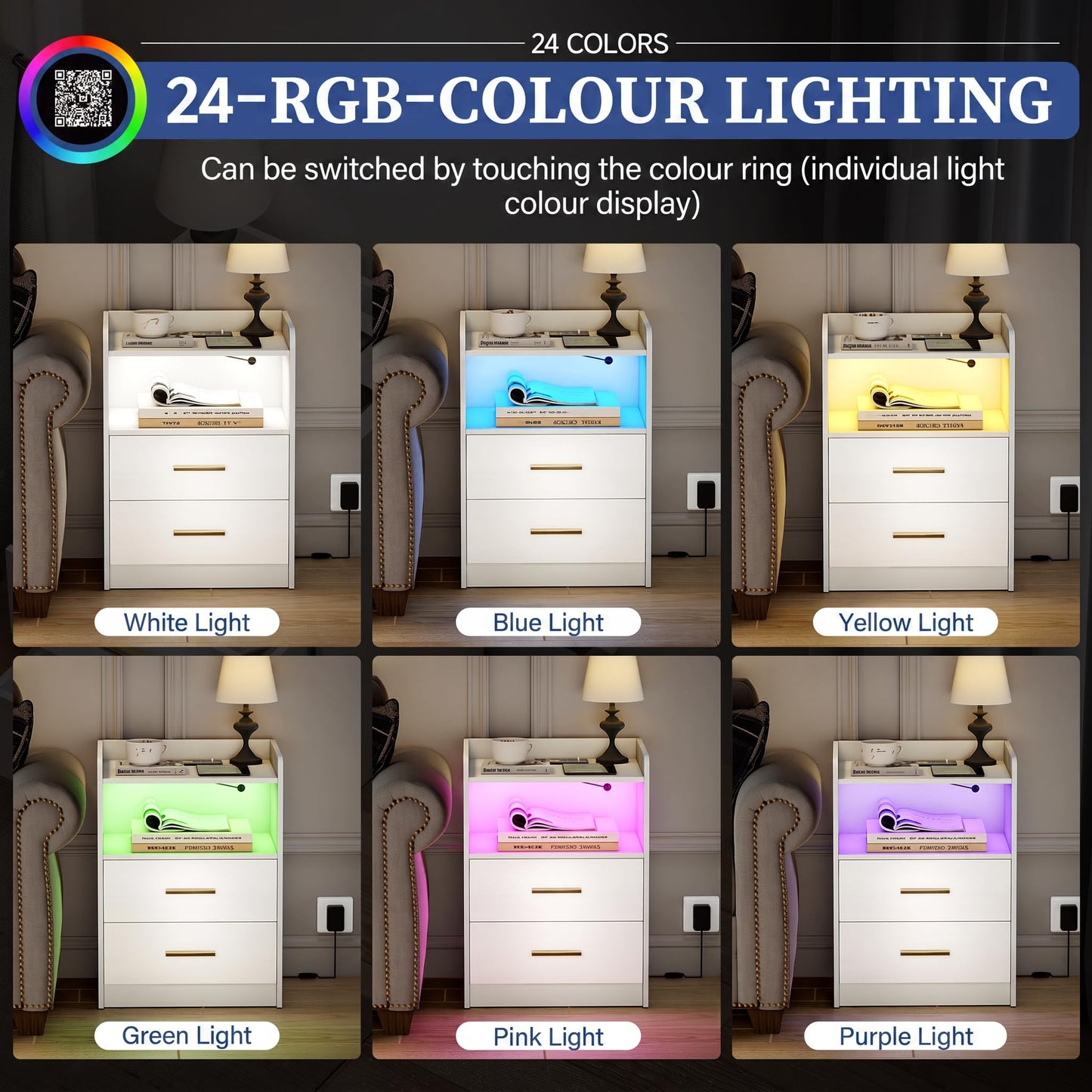 Quikraen Bedside table with 2 Drawers, wireless charging and LED light