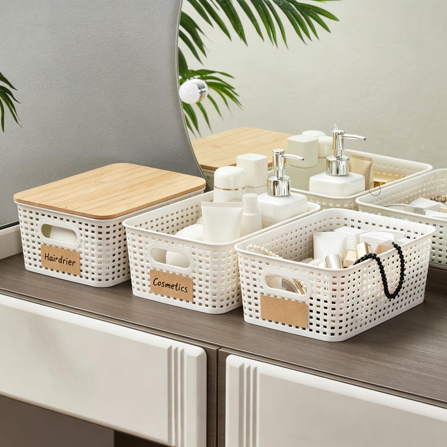 Sagittar Set of 6 Storage Boxes with Bamboo Lid, Imitation Rattan Plastic Storage Basket, Stackable Storage Bins, Ideal for Kitchen, Bathroom, Office