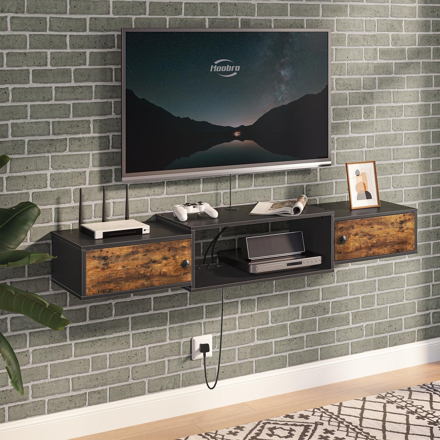HOOBRO Floating TV Unit, Wall Mounted TV Cabinet with Power Outlet, Entertainment Media Console Shelf Cabinet for Under TV Storage, Living Room