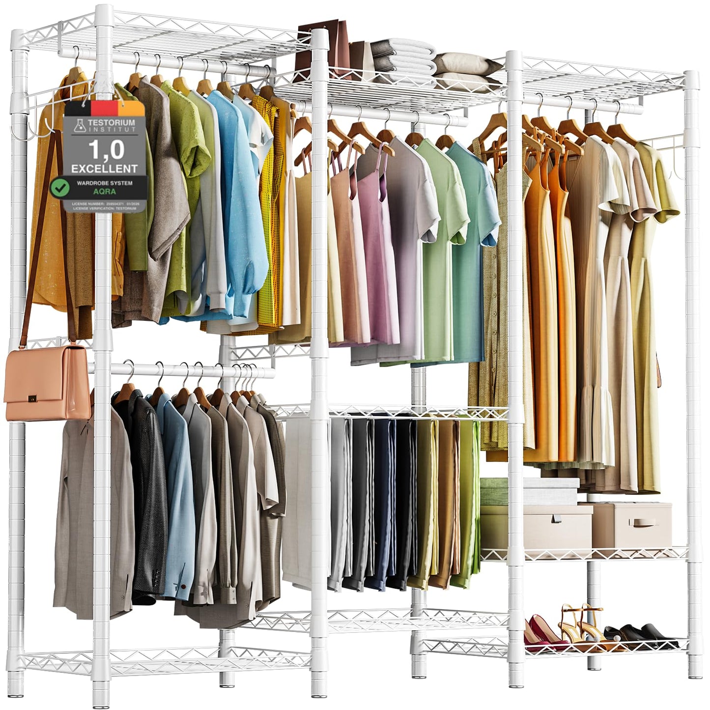 AQRA Metal Open Wardrobe, Heavy Duty Clothes Rail, 4 Assembly Ways, White