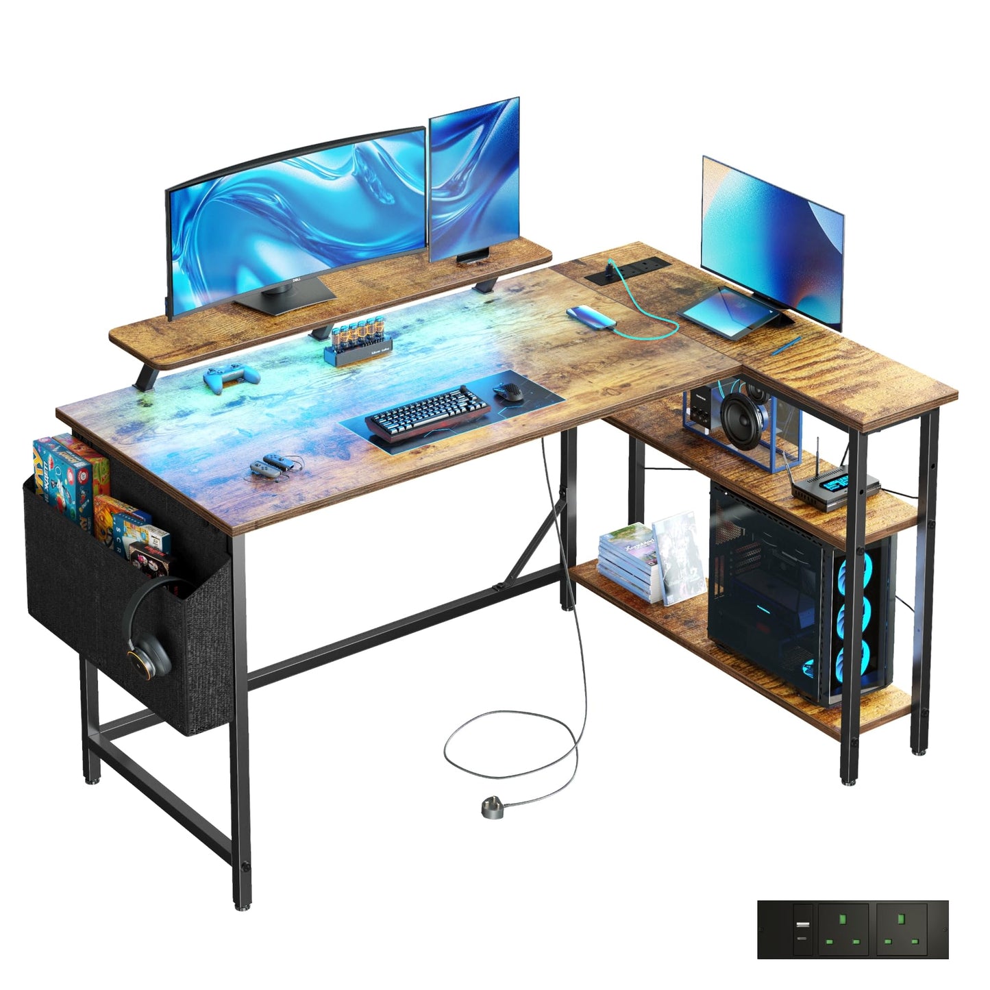 DOMSHOCT L Shaped Gaming Desk with LED Lights & Power Outlets, 140 * 80cm Corner Computer Table with Storage Bag & Adjustable Shelves & Large Monitor