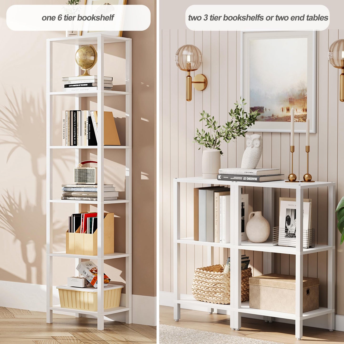 TUTOTAK Bookshelf, 6-Tier Tall Book Shelf, Narrow Bookcase for Small Space, DIY Stackable Bookshelf, for Living Room, Office, Study, Entryway