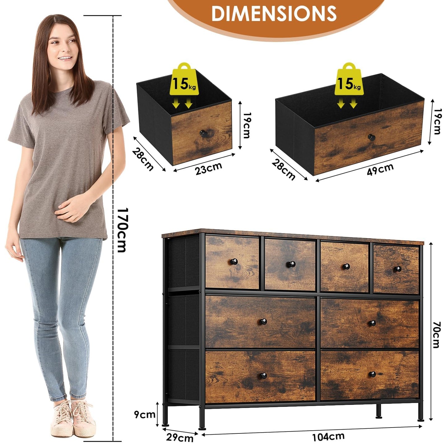 Clevich Chest of Drawers with 8 Fabric Drawers, Wooden top Sideboard, Metal Frame, Anti-Tip Design Storage Cabinet for Bedroom