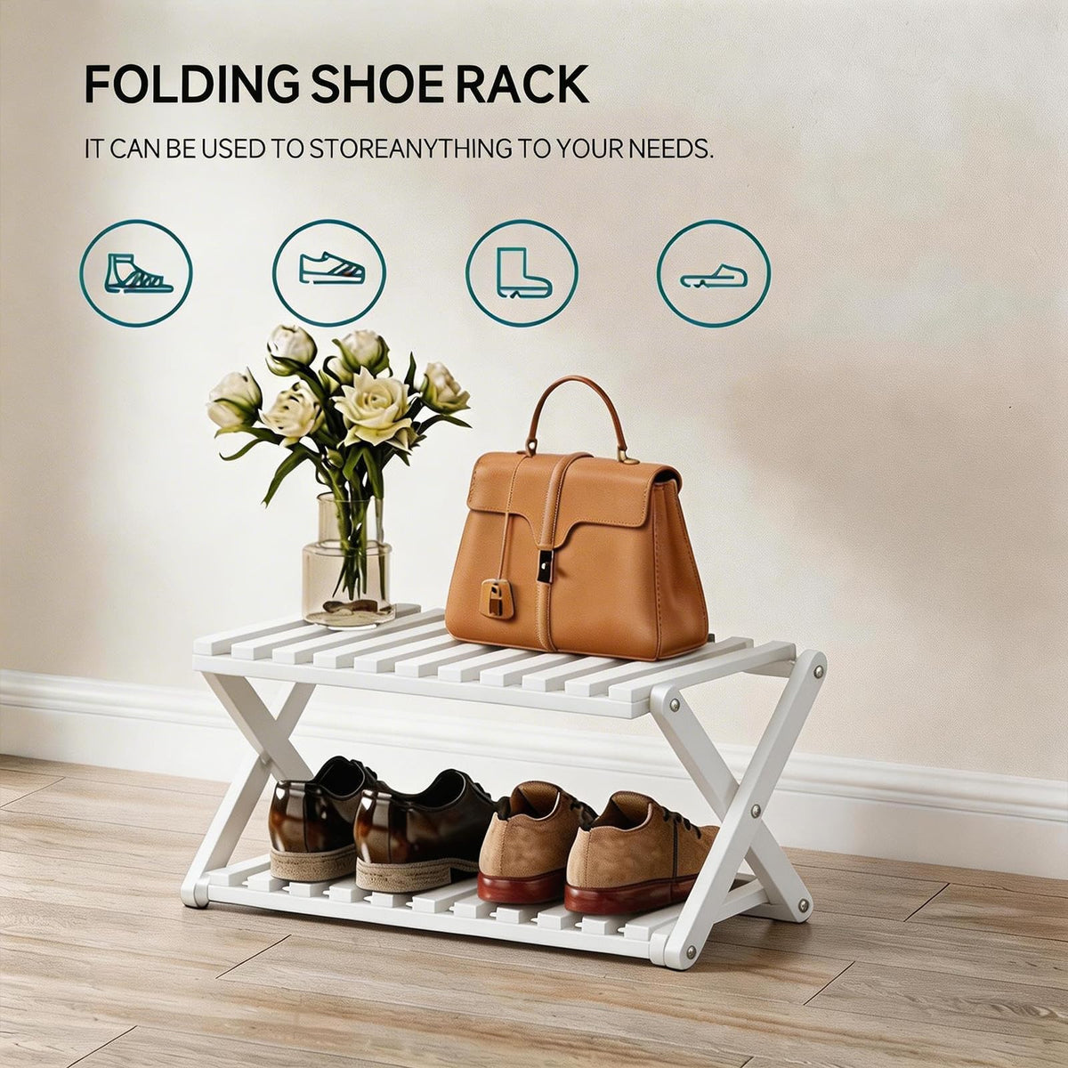 Momleix Folding Shoe Rack White, 2 Tier Shoe Shelf Without Installation, Sturdy Bamboo Storage Organiser for Entryway Closet, Dorm and Small Spaces