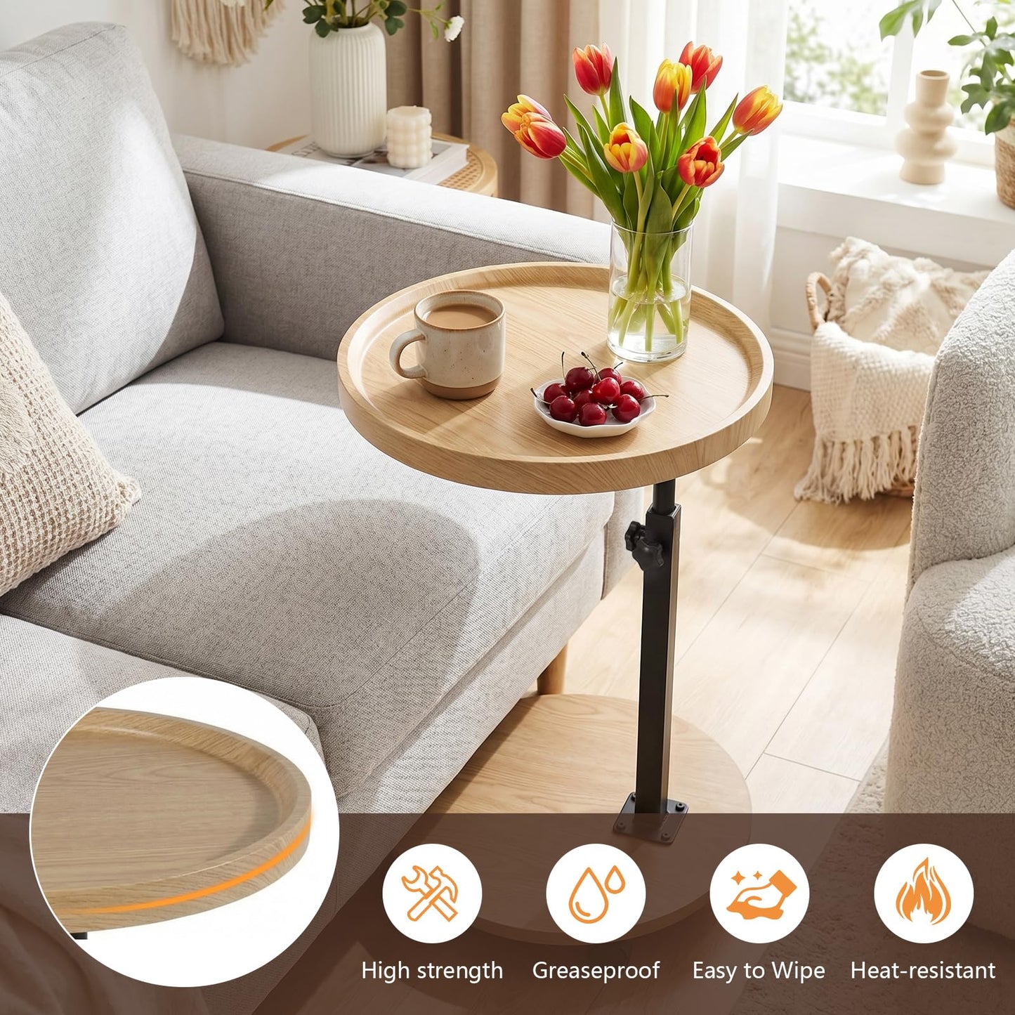 OUAYEMEL Side Table Adjustable Height, 360°Swivel End/Bedside Tables with Wheels for Sofa Bedroom Office Living Room, Coffee Tables for Small Spaces