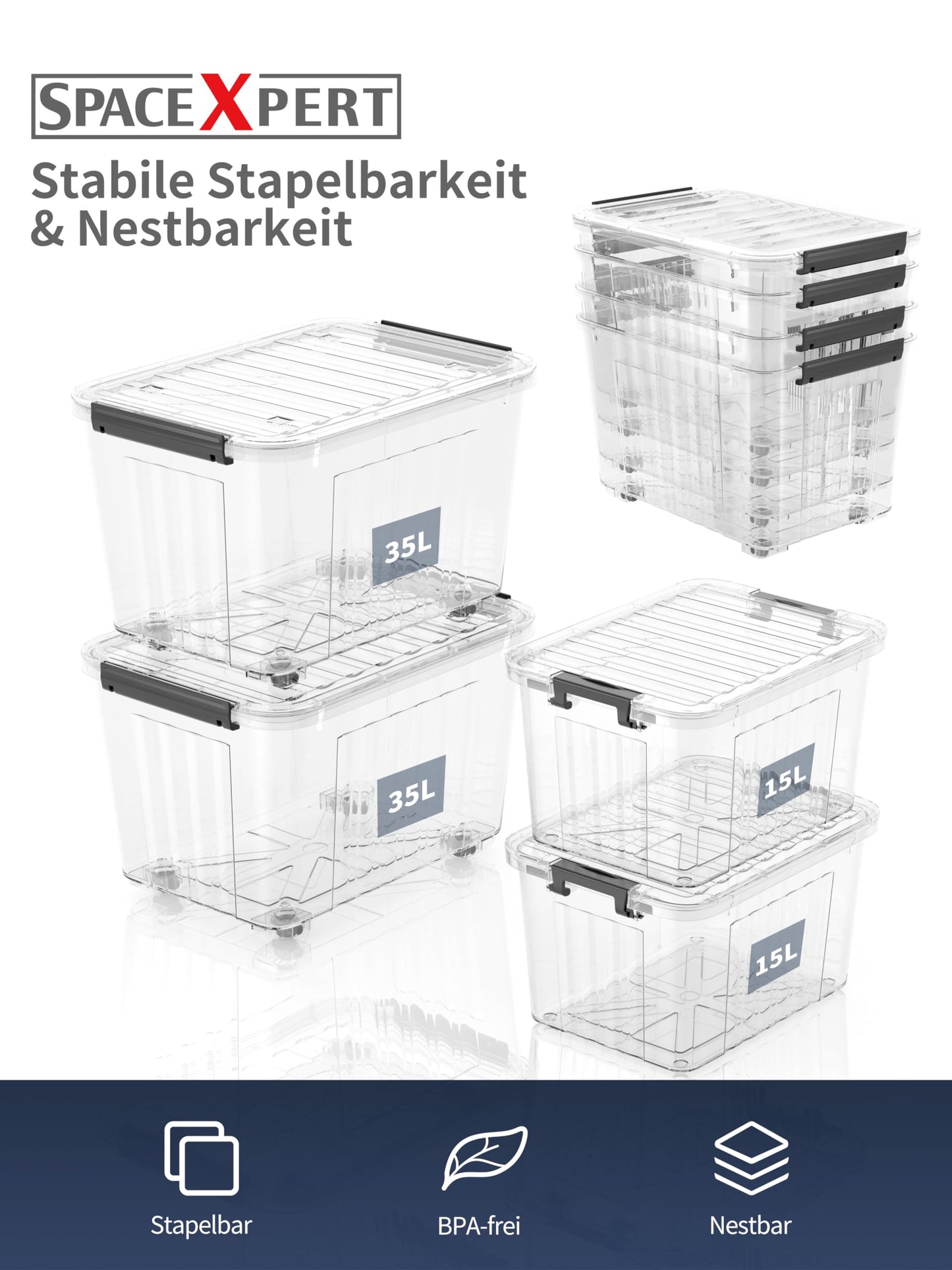 SpaceXpert Plastic Storage Boxes with Lid, Striped Storage Box 15L, Stackable Container for Home Office Accessories, Clear Bins, Polypropylene