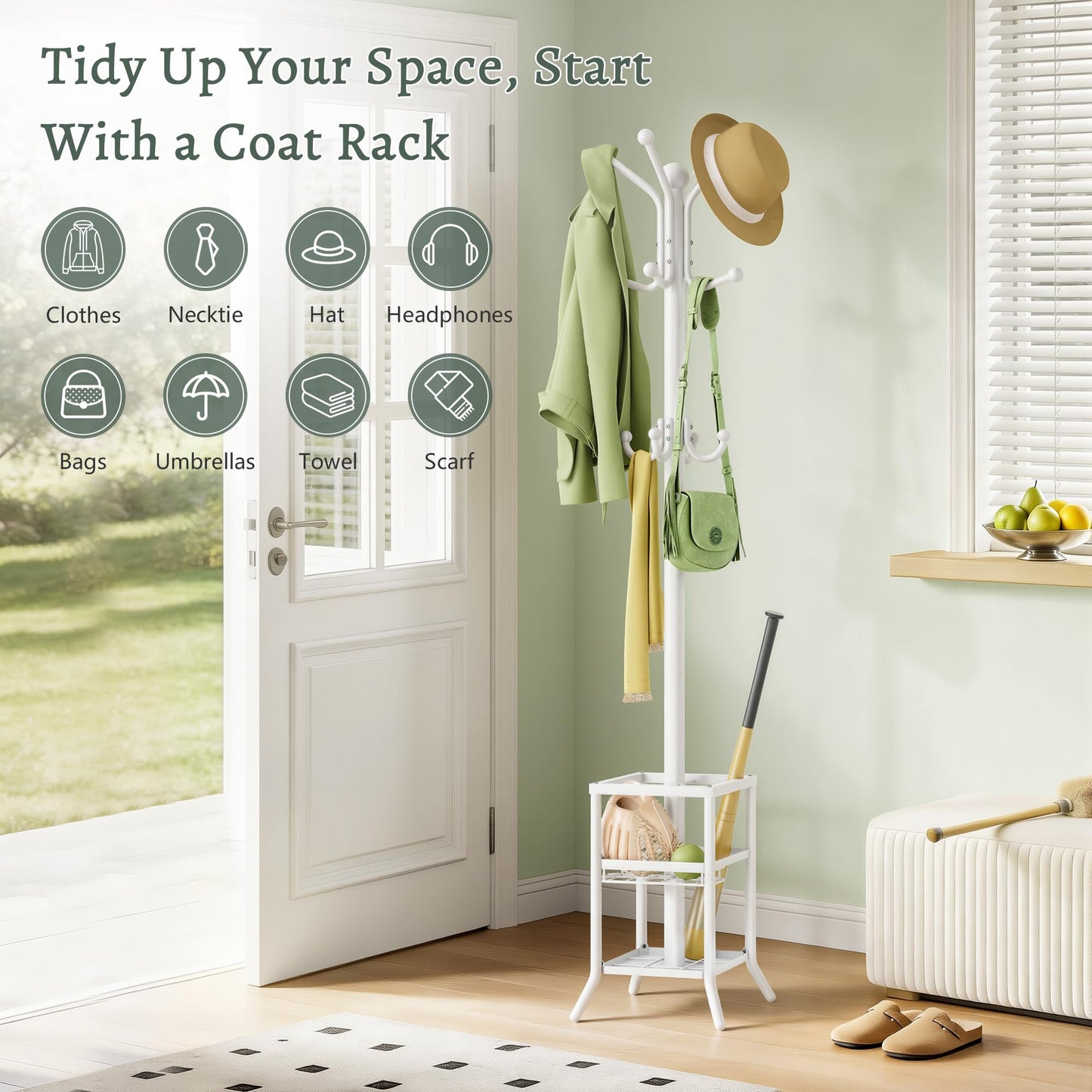 FAVOOSTY Coat Stand Coat Rack with 12 Hooks, Free standing Clothes Clothing Rack with Umbrella Holder, Hats