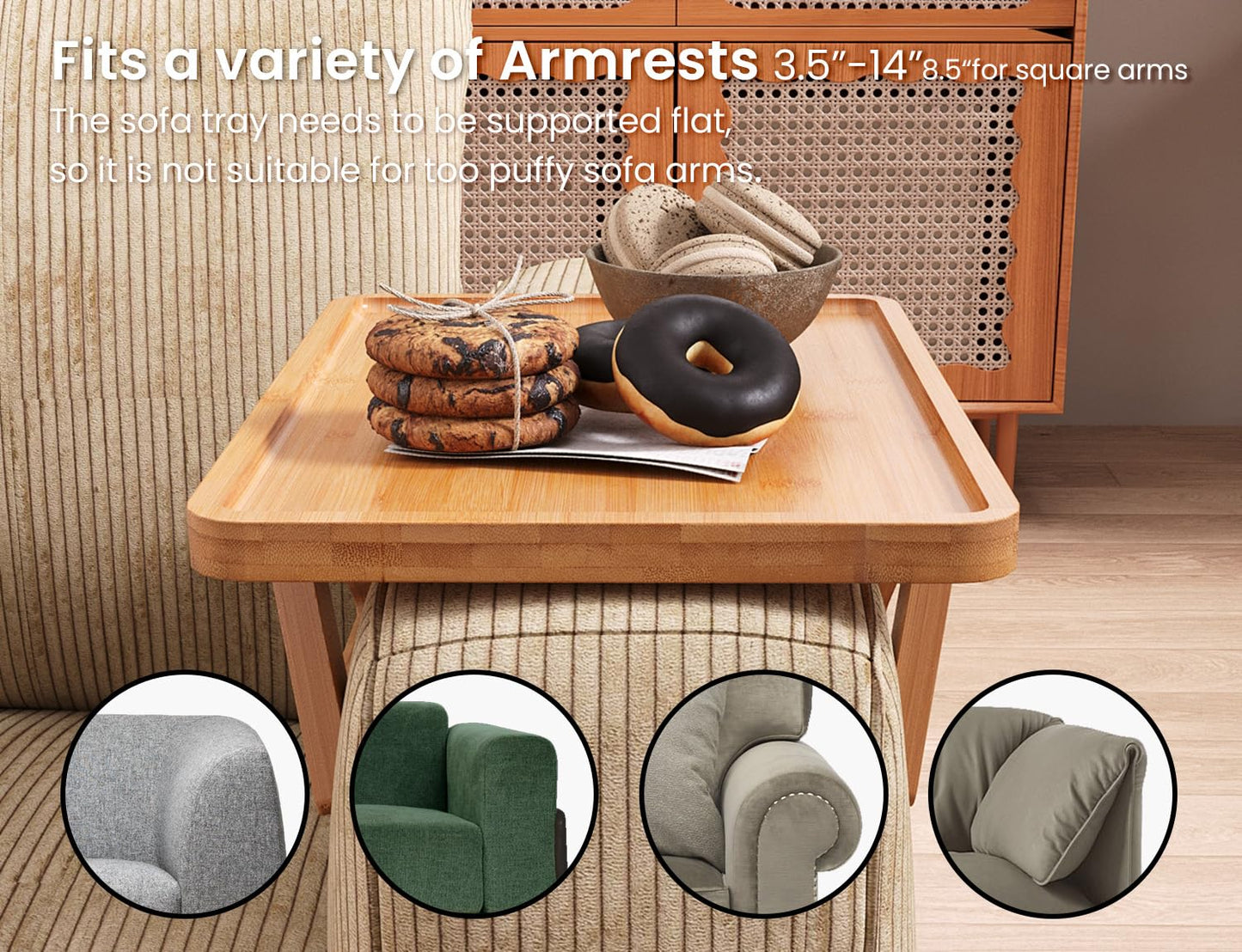 Fibogollo 2 Pack Couch Arm Tray,Bamboo Folding Sofa Tray,Sofa Armrest Tray Clip-On Couch Desk for Drinks,Snacks,Phone,Remote Control（Natural）