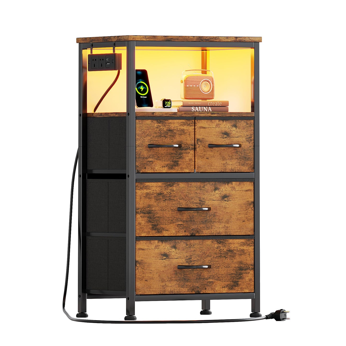 Flrrtenv Bedside Table with Charging Station, 4 Drawers Bedside Cabinet for Bedroom, LED Night Stand with Storage Shelf