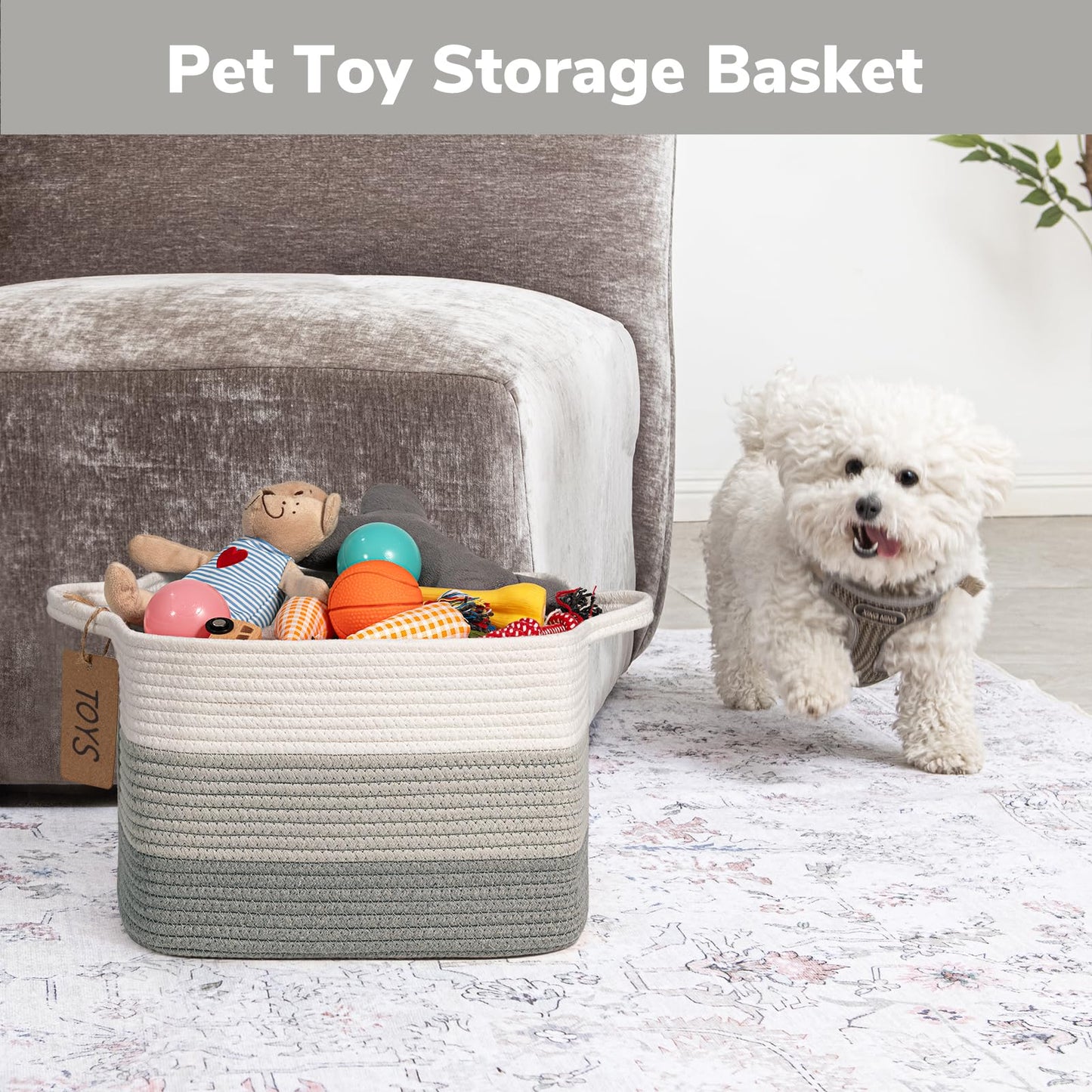 TIMEYARD Woven Storage Basket Cotton Rope Shelf Basket with Handles Grey